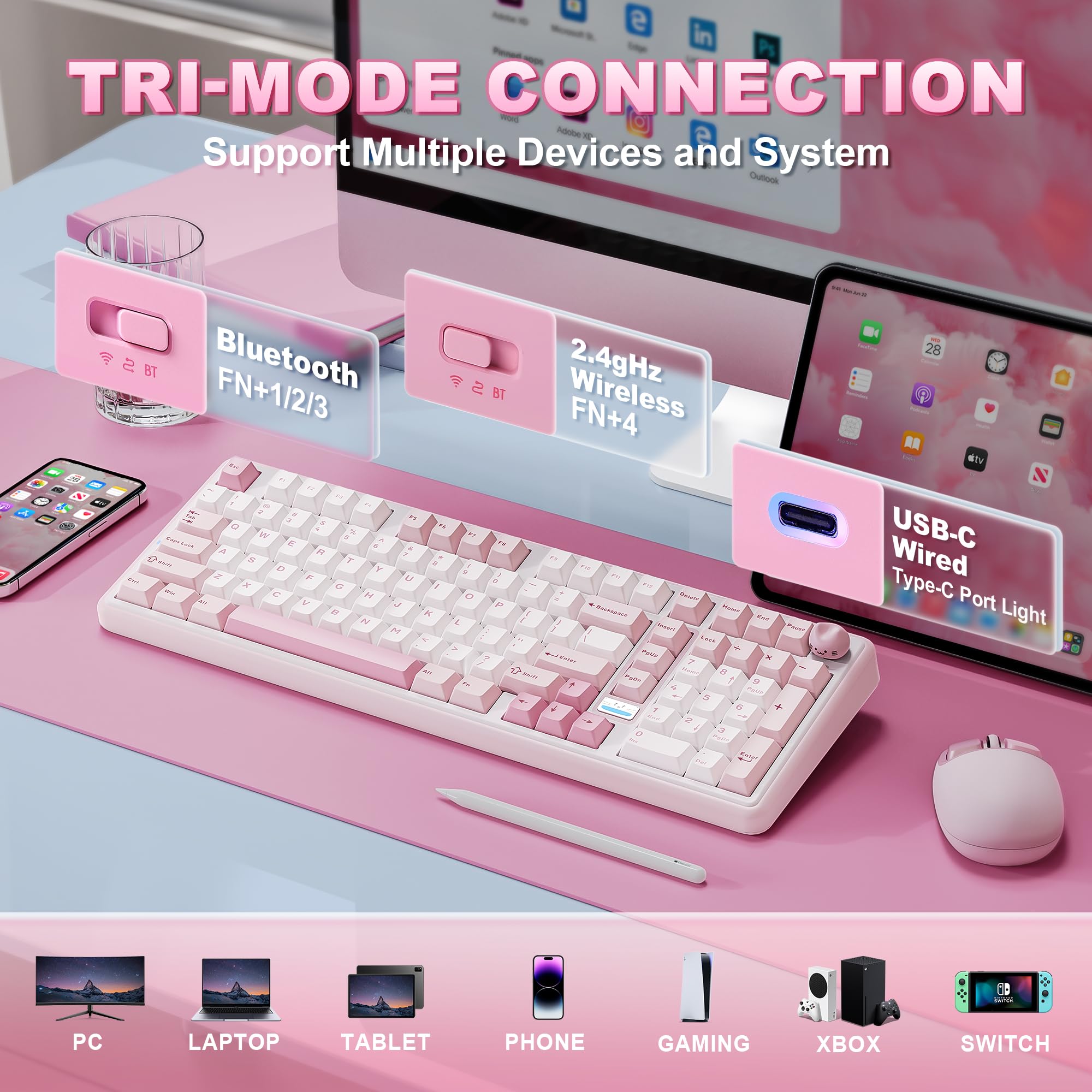 YUNZII B98 PRO QMK/VIA Gaming-Tastatur, 96% Kabellose Mechanische Tastatur mit Nummernblock Niedlichem Katzenknopf, BT/2,4 G/USB-C, Hot-Swap Tastatur Individuelle (Rosa, Milk V2 Linear Switch)