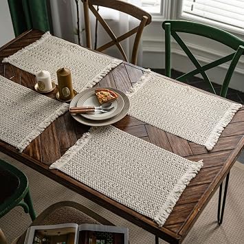 Boho Woven Placemats Set of 4 Farmhouse Table Mats for Dining Beige | 12" x 20", Boho-chic Style, Cotton Linen Fabric, Woven Patterns, Suitable for Everyday Dining & Special Occasions