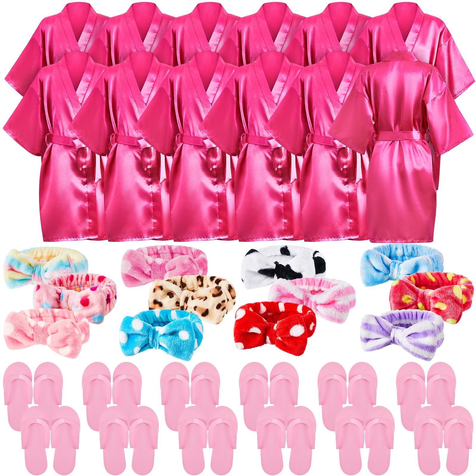 Xuhal 36 Pcs Spa Party Supplies for Girls 12 Kimono Robe V Neck Bathrobe 12 Soft Spa Headband 12 Disposable Foam Slippers small size(Size 6,Rose Red)