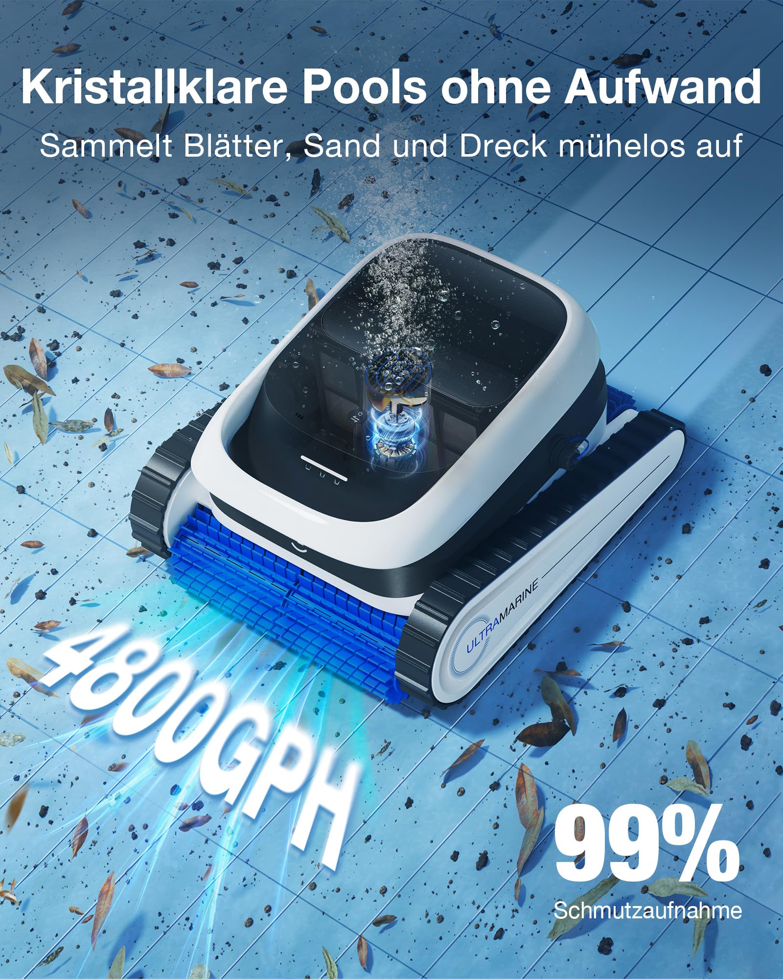 ECOVACS Ultramarine P1 Poolroboter für Boden und Wände, 180 Min. Akku, bis zu 180m², 4800 GPH UltraPure-Saugkraft, Pool-Saugroboter mit App, Doppelschicht-Filter, SmartNavi-Navigation (White)
