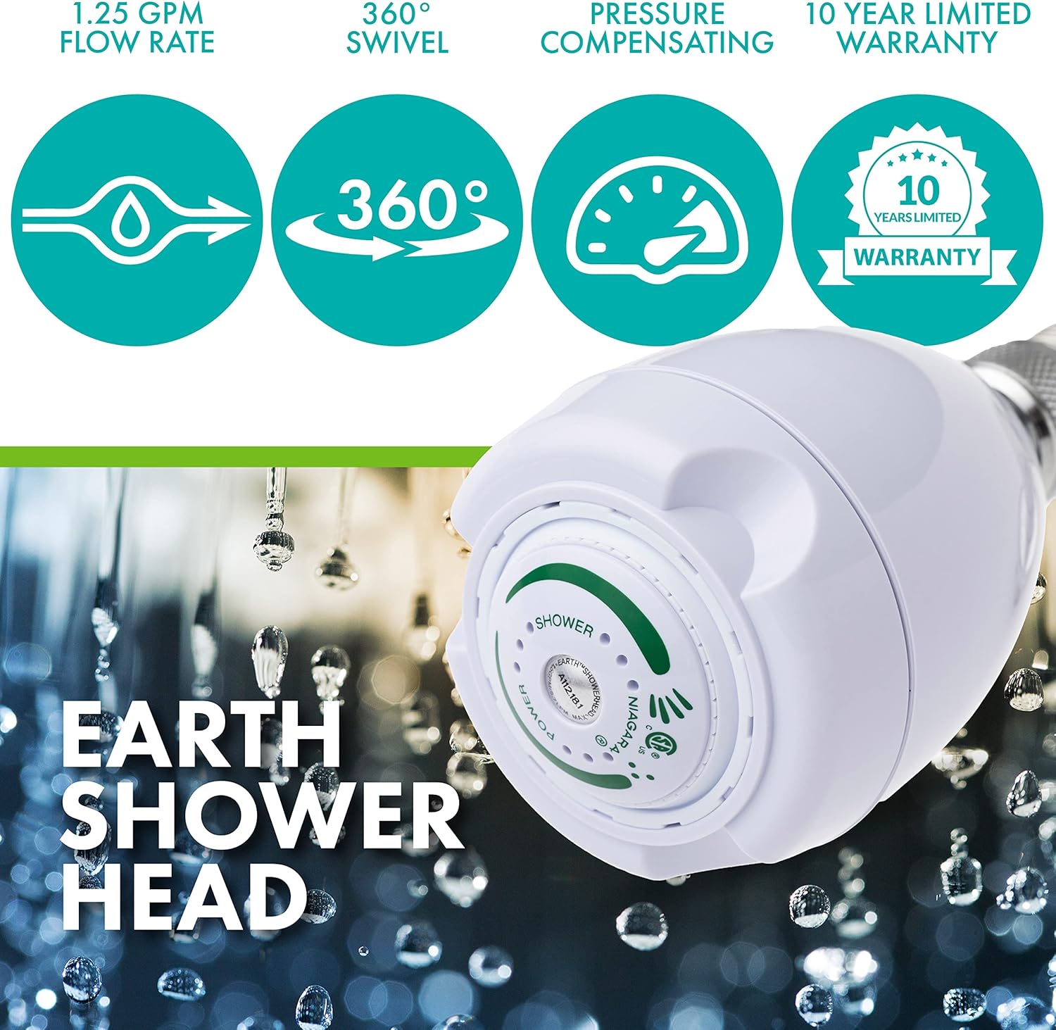 Niagara Conservation N2912 Earth Spa 3-Spray with 1.25 GPM 2.7-in. Wall Mount Adjustable Fixed Shower Head in White, 1-Pack | Bathroom Shower Head Sprayer with Pressure Compensation Technology