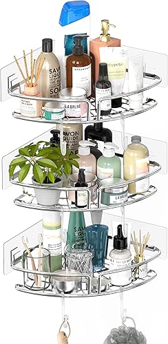 Miniatura 8 de Simple Houseware Soporte de pared adhesivo para baño, estante esquinero de un solo nivel, cromado, juego de 3