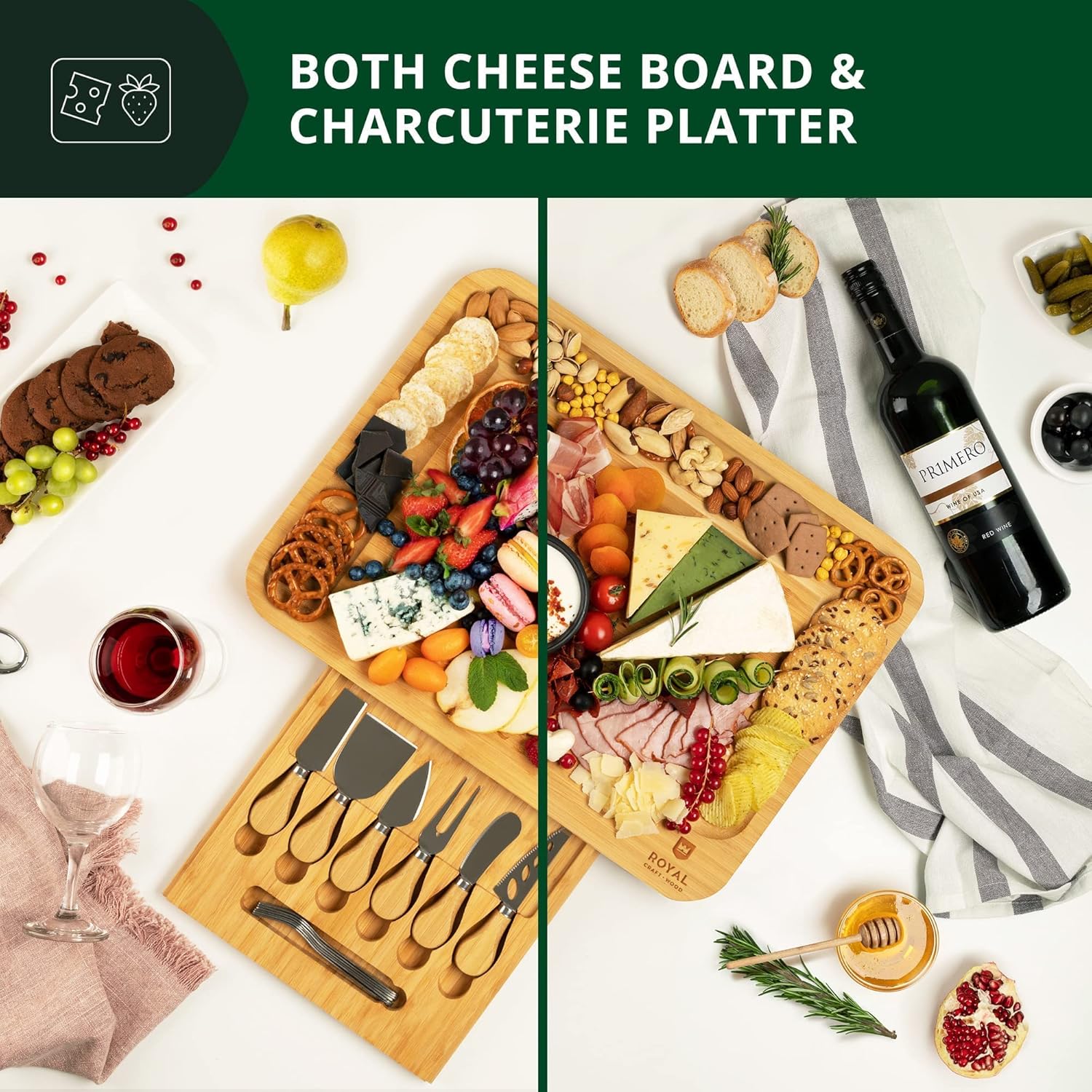 ROYAL CRAFT WOOD Extra Large Cheese Board - Bamboo Cheese Board and Knife Set - Charcuterie Board Set, Charcuterie Platter & Serving Tray
