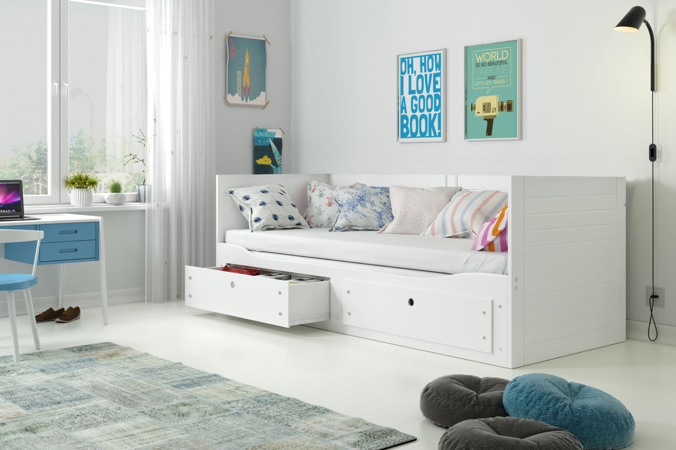 Interbeds Hermes Ausziehbares Bett Kojenbett 80x200 auf 160x200 cm Tagesbett Doppelbett Funktion Schlafsofa mit 2 Schubladen, MDF & Holz, Gästebett Kinder Jugend Erwachsene (weiß)