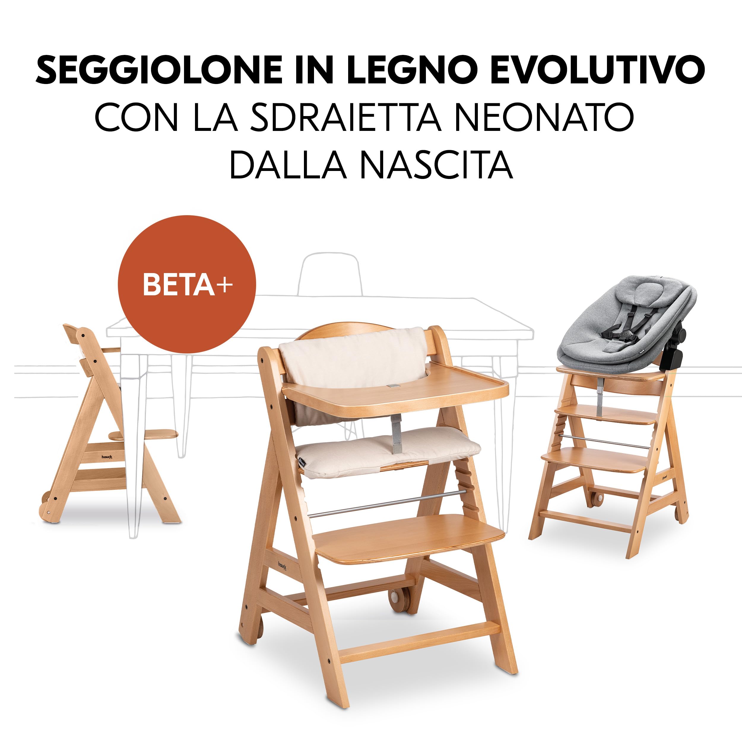 hauck Seggiolone Evolutivo Legno Beta + Newborn Set Highchair Bouncer 3in1 - Dalla Nascita Con Sdraietta Neonati Dondolo, Cuscino e Vassoio - Naturale