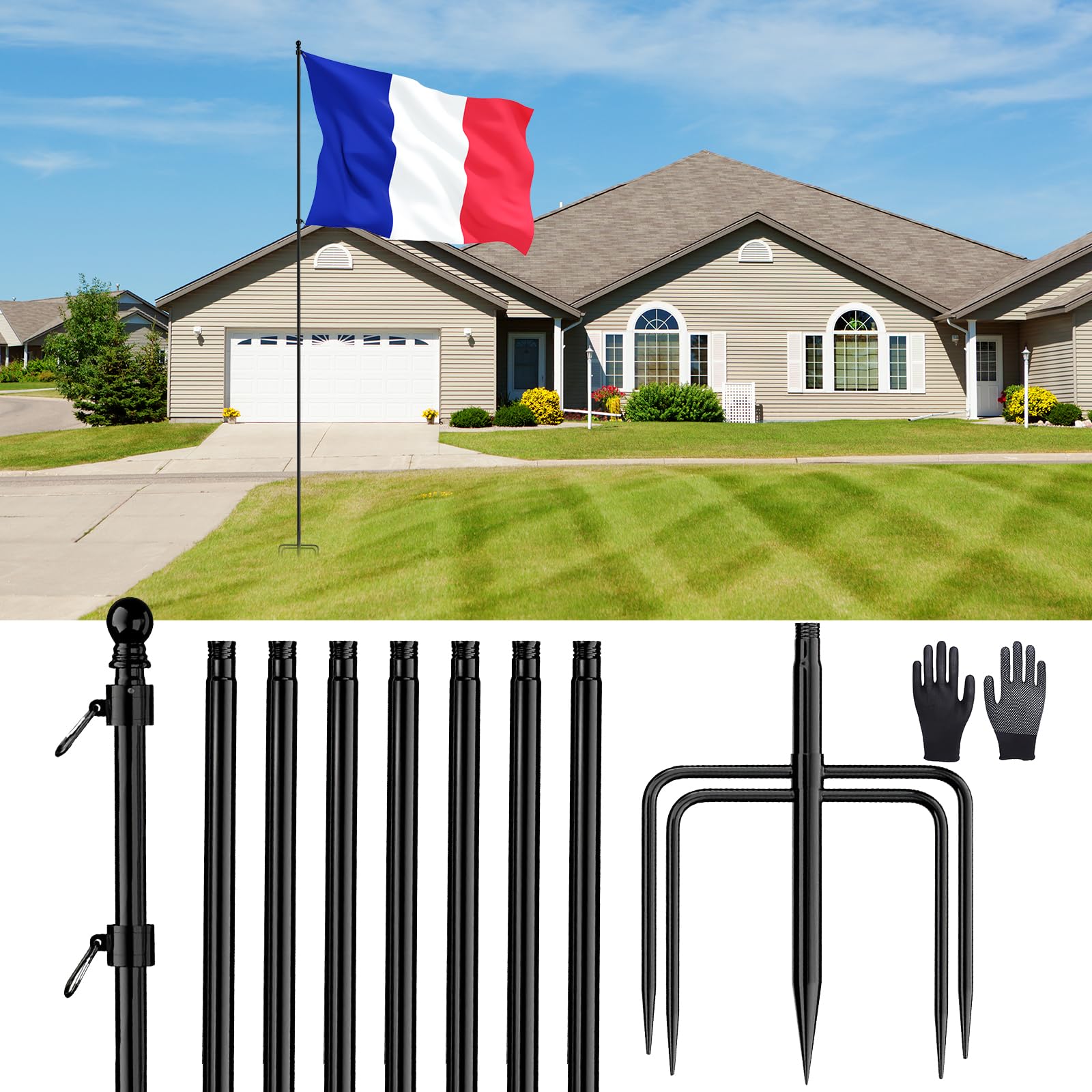 JAOGAUS Mat pour Drapeau,Mâts de Drapeau Robustes en Acier Inoxydable | avec Piquet à 5 Broches, pourJardin Extérieur