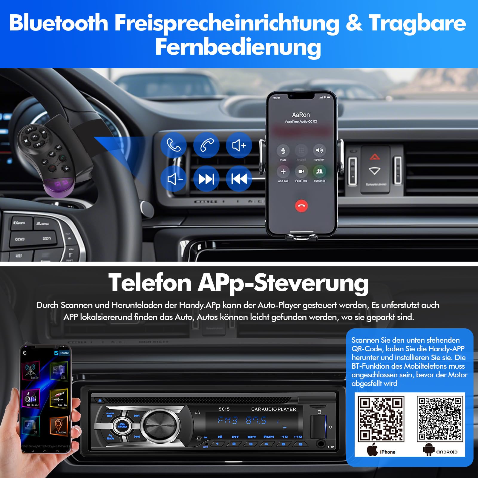 Autoradio mit CD Bluetooth Freisprecheinrichtung, Bluetooth 1 Din Autoradio USB/TF/ MP3 Player/AUX in,FM/AM Auto Radio,RDS,RCA,Auto Finden Funktion,60W*4,Schnellladefunktion