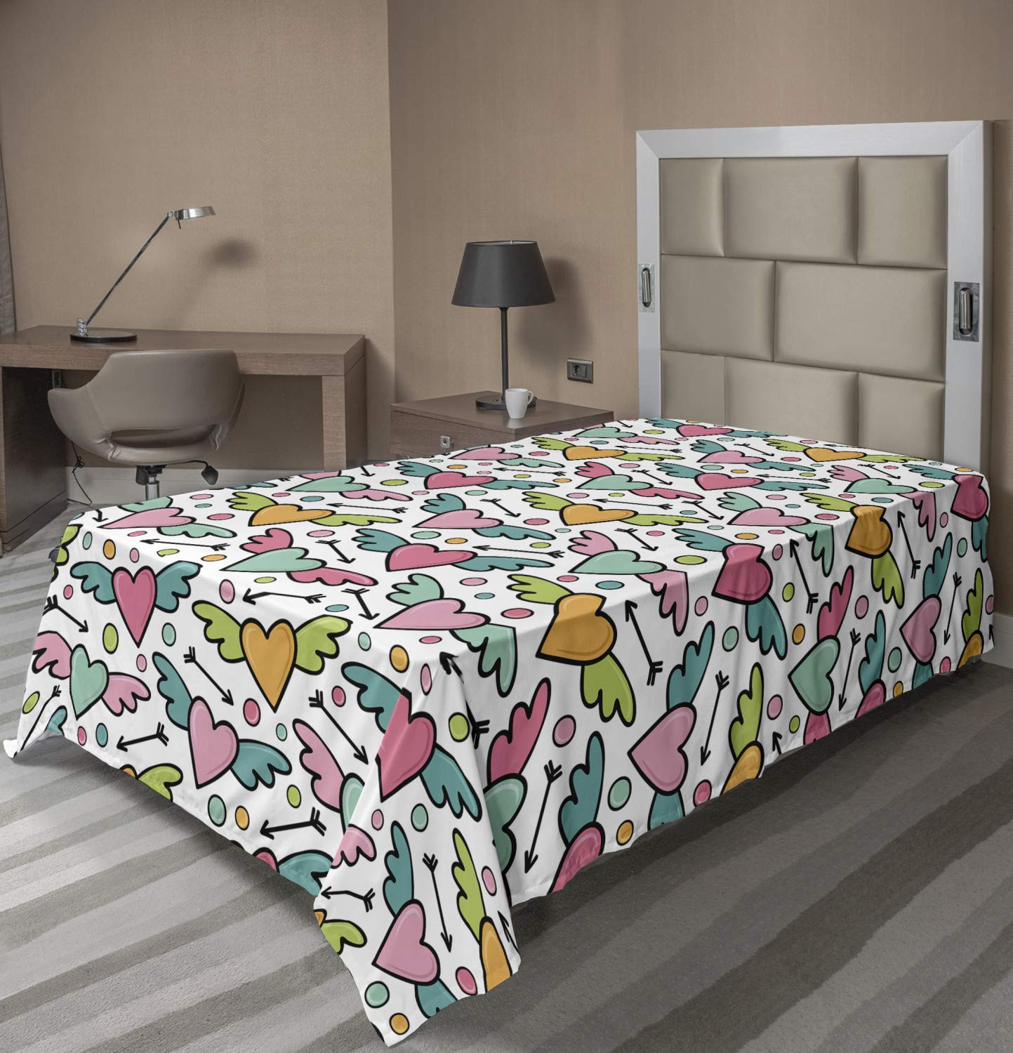 Ambesonne Cartoon Flat Sheet, Colorful Hearts with Wings and Polka Dots, Soft Comfortable Top Sheet Decorative Bedding 1 Piece, Twin Size, Multicolor