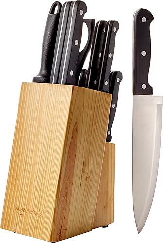 Amazon BasicsJuego de cuchillos de cocina de 14 piezas, cuchillas de acero inoxidable de alto carbono con bloqueo de madera de pino, negro