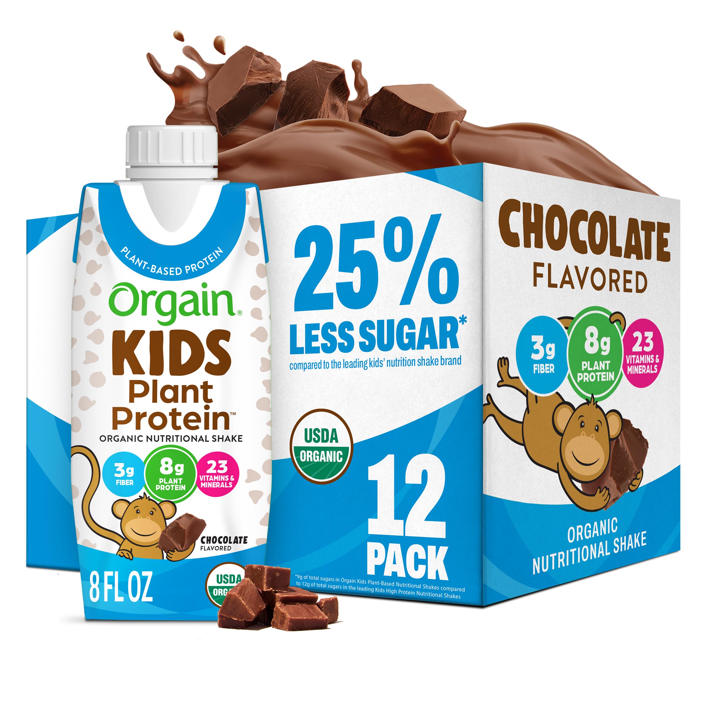 Orgain Organic Kids Nutritional Vegan Protein Shakes, Chocolate - Healthy Kids Snacks, 8g Plant Protein, 23 Vitamins & Minerals, 3g Fiber, No Dairy & Soy, Non-G