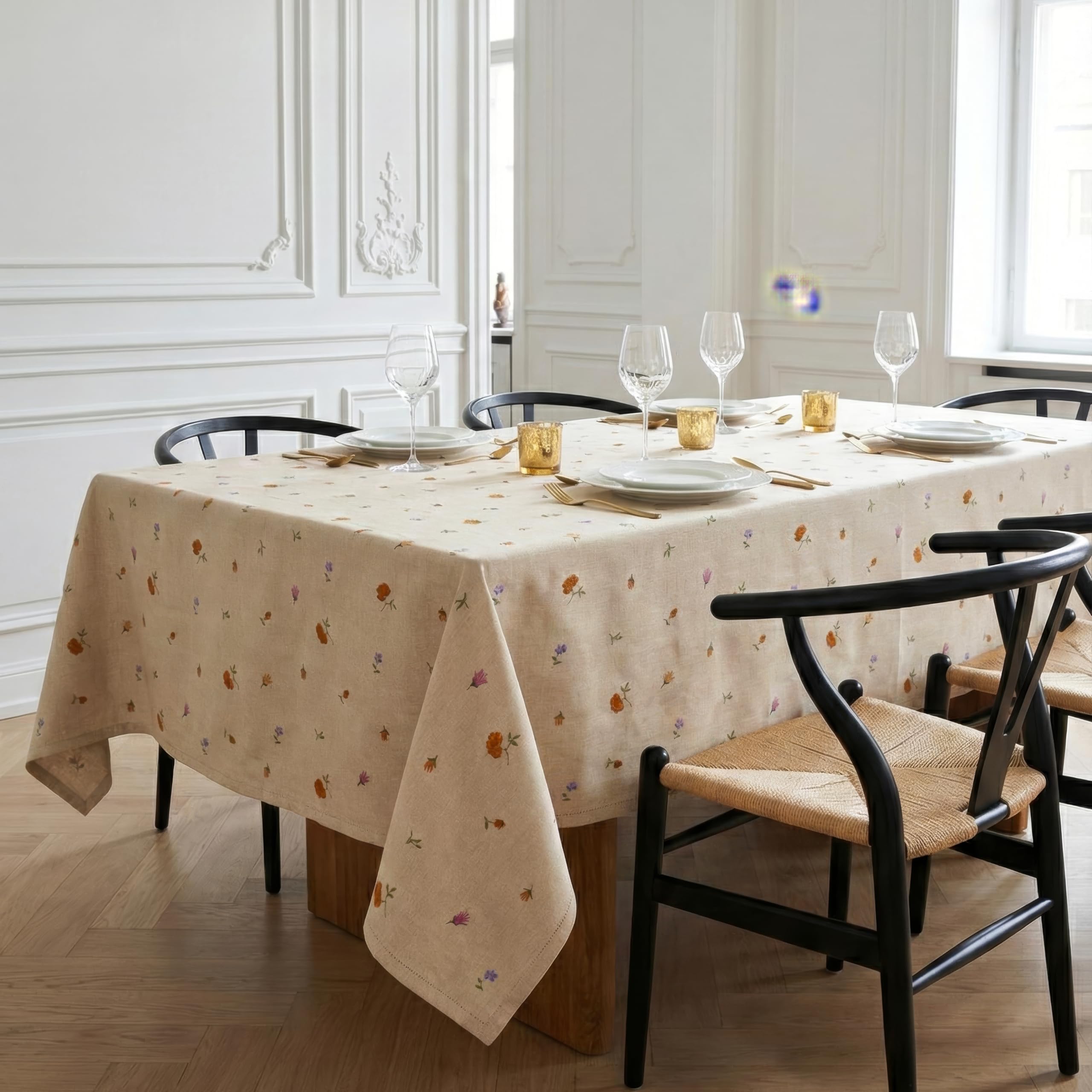 RUSTIQUE LINENS 2–4 Seater Embroidered Cotton Tablecloth, Linen-Look Washable Table Cloth for Square Dining Table, 150 x 150 cm, Decorative Dining Table Cover, Beige Oasis
