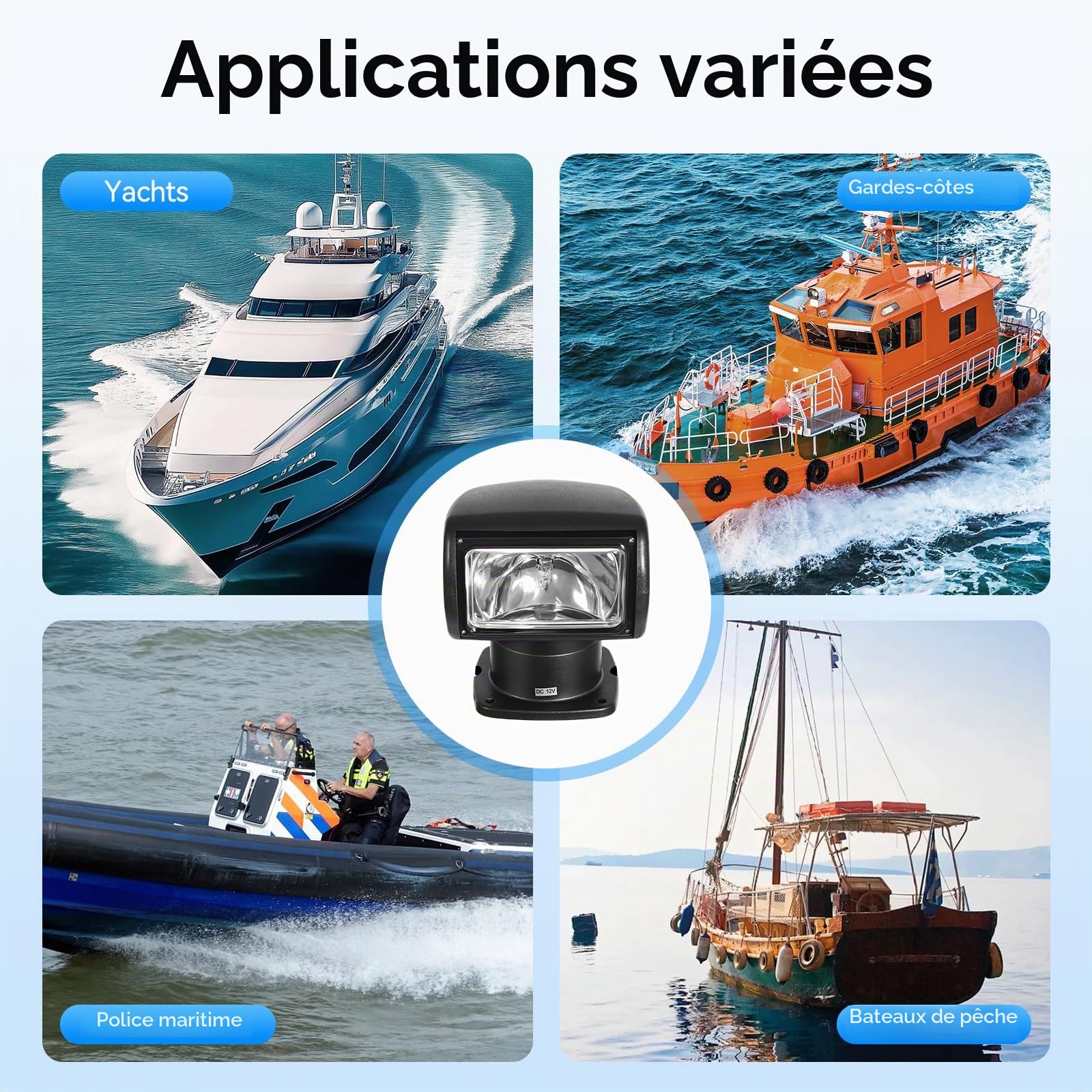 Phare marin, 360° Marine Yacht, fanal de recherche avec télécommande, 12 V 100 W, télécommande pour bateau, voiture, phares marins