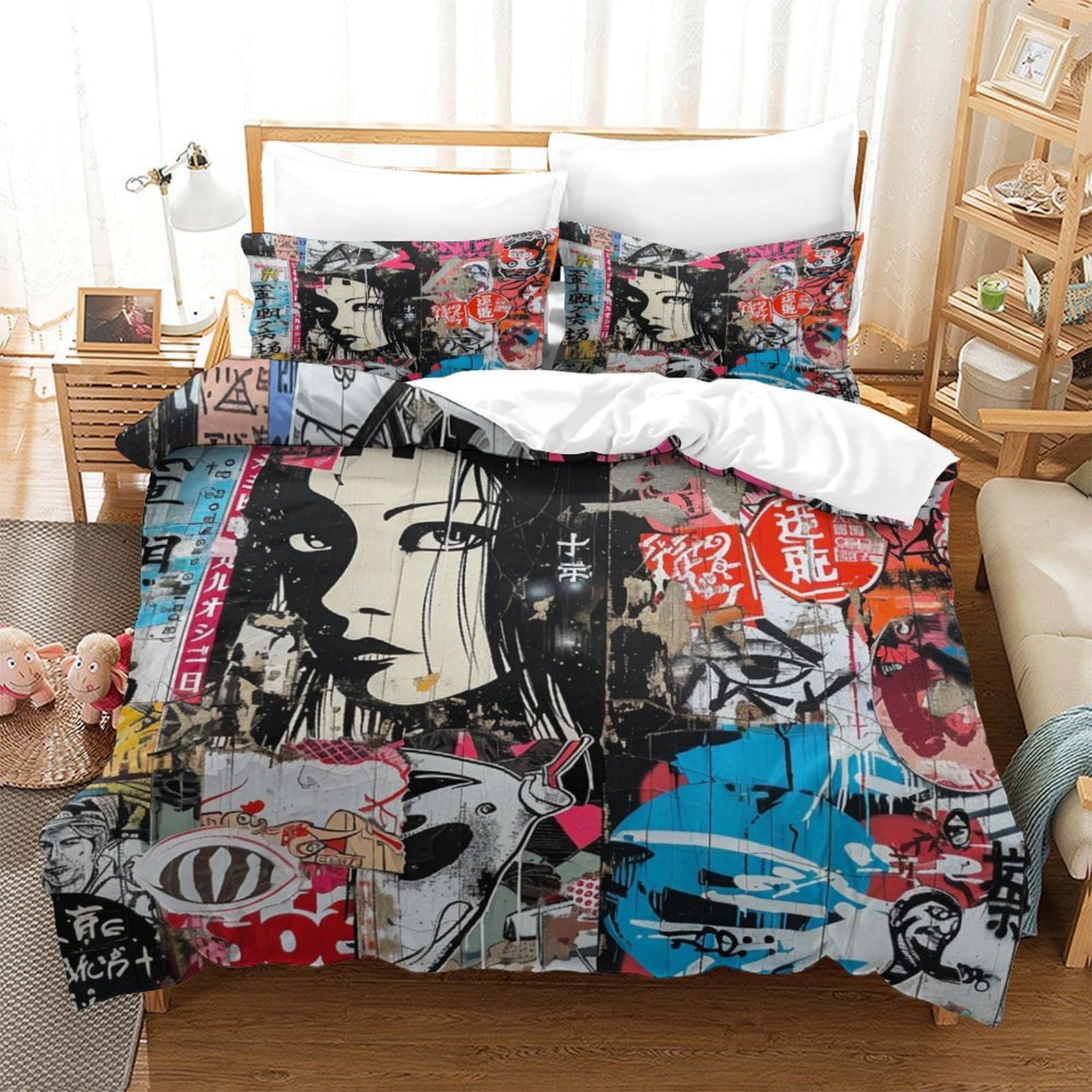 Japanese Graffiti Duvet Cover 3 Pieces 3D Printed STREET ART Microfiber Quilt Cover with 2 Pillow Cases Hidden Zipper For Girls Teens Double（200x200cm）