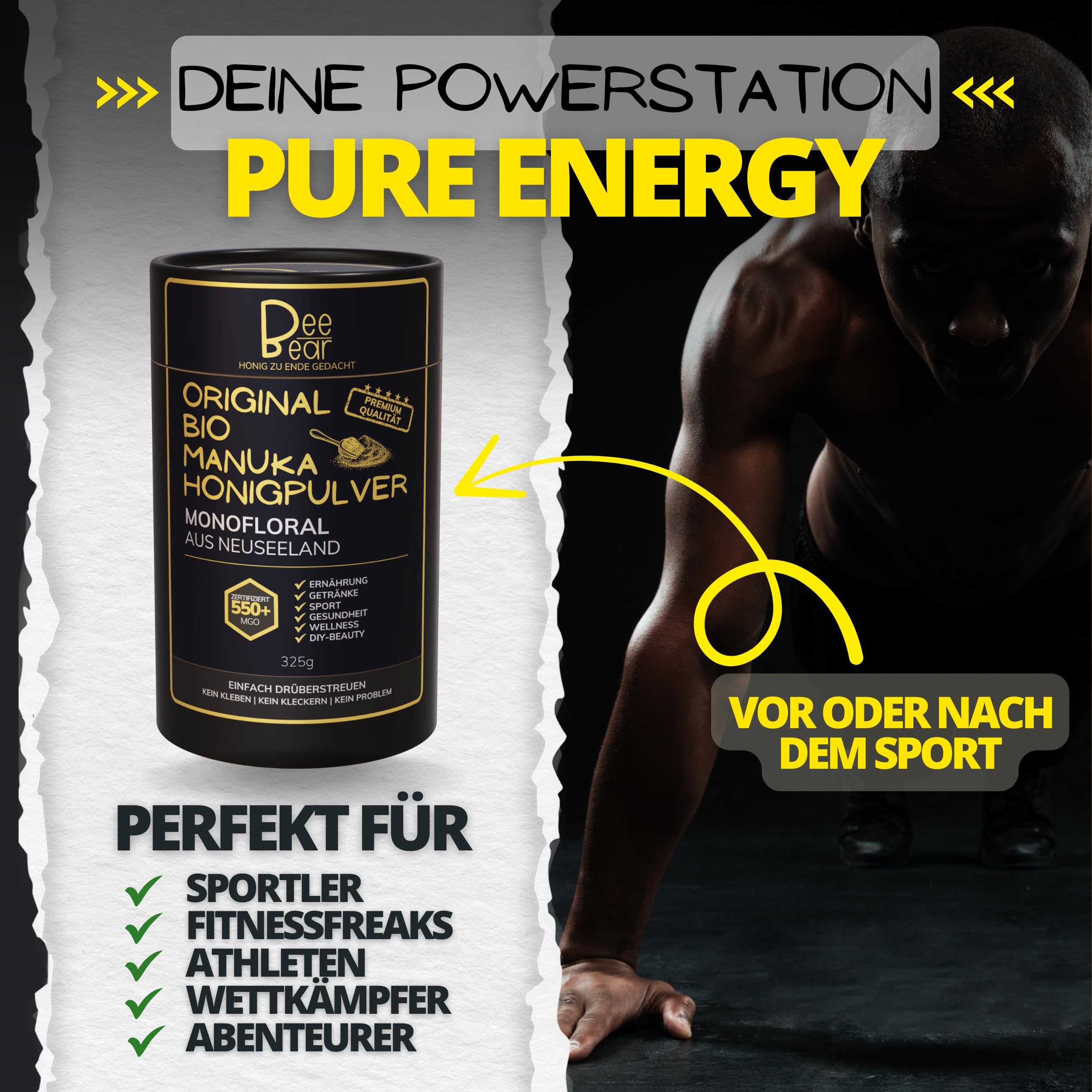 BeeBear Manuka Honigpulver MGO 550 | Bio Nahrungsergänzungsmittel + Superfood Pulver Bio zB für Smoothie & gesundes Frühstück | Porridge Topping Quark & Joghurt | Immunsystem stärken & Energy Pulver
