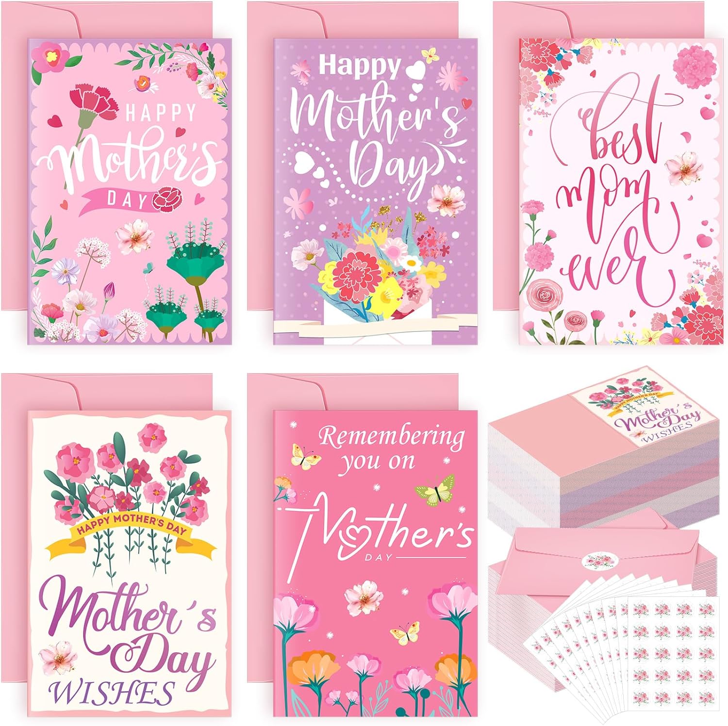 Eaasty 200 Pack Mother's Day Greeting Cards Bulk with Pink Envelopes and Stickers, Blank Inside Mother's Day Cards for Mom, Church, Birthday and Florist Supplies