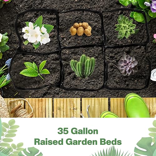 Miniatura 5 de 6 piezas de 35 galones de tela elevada cama de jardín transpirable contenedor de cultivo con 6 compartimentos rectangular grande elevado cama de