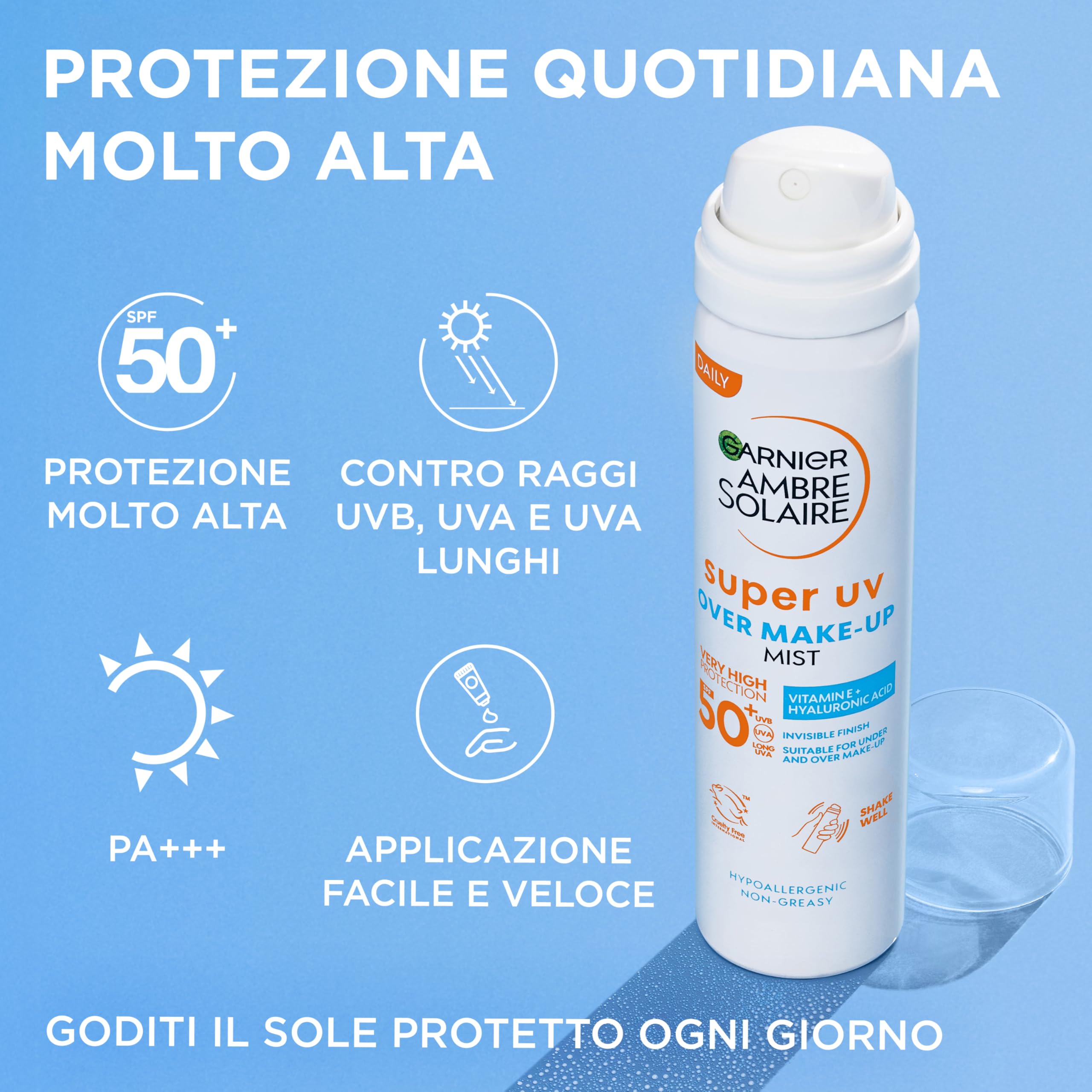 Garnier Spray Fissante Make Up con Protezione Solare SPF50+, Protezione da Macchie Scure, Trucco Perfetto a Lungo, Formula Vegana con Glicerina, Vitamina E e Acido Ialuronico, Ambre Solaire, 75 ml
