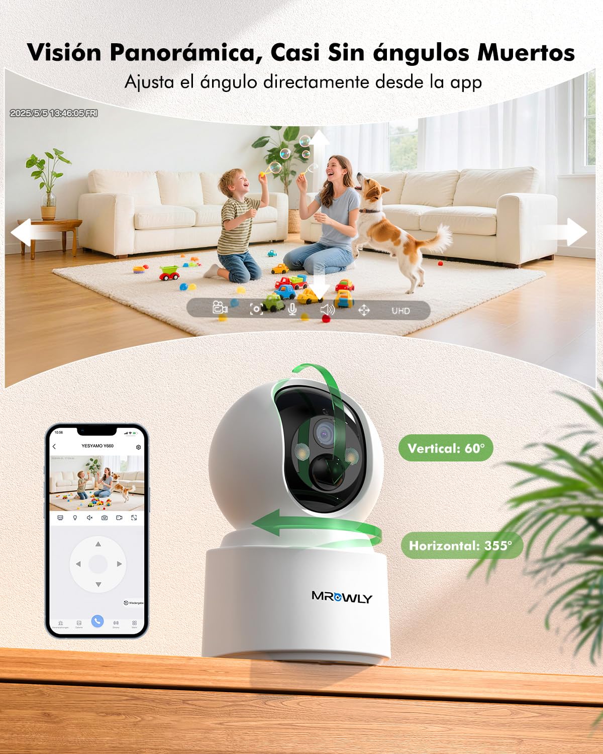 2.5K 4MP Camara Vigilancia WiFi Interior Sin Cable con Batería 6000mAh, 2.4/5GHz WiFi, 360° PTZ, Bebé/Animal/Seguridad para El Hogar, Detección PIR, Visión Nocturna Color, Conexión Bluetooth