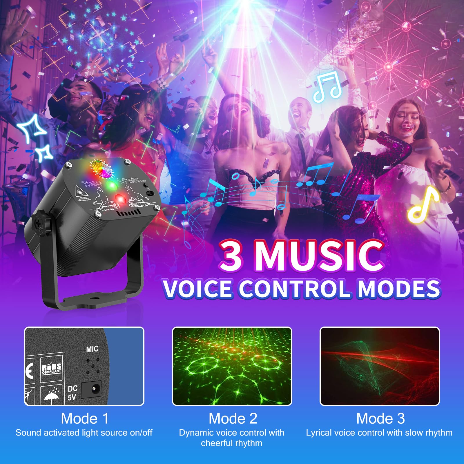 Mini luci discoteca, Luce da luci palla Festa Musicale Controllata7 Diversi Modelli Effetto Strobo luce discoteca Telecomando e USB 2M per Famiglia, Festa Disco Bambini (Nero argento)