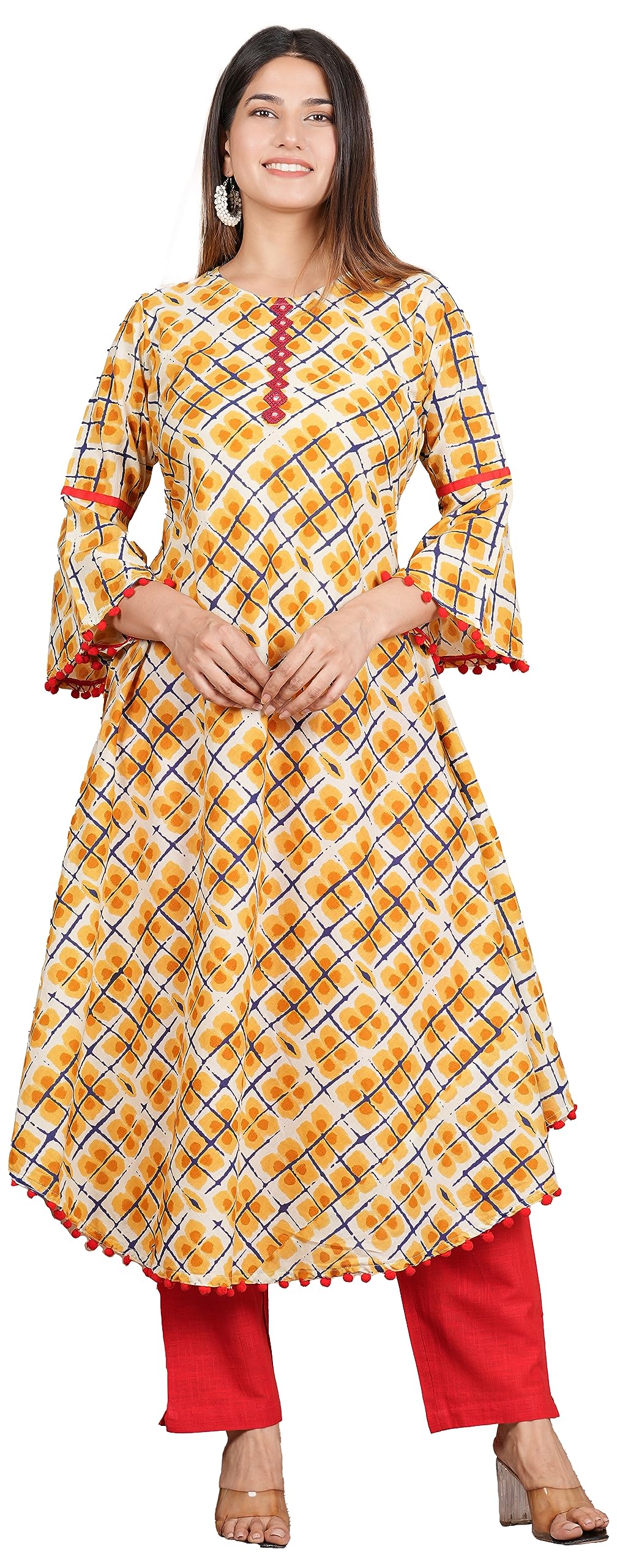 Yash GalleryWomen's Valentine Day Gift Cambric Cotton Printed Mirror Work A-Line Kurta