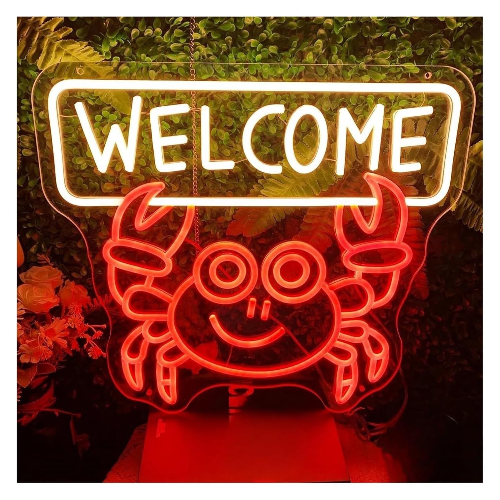 Insegna al neon a forma di granchio con scritta benvenuto per pizzeria, hamburger, decorazione da parete luminosa