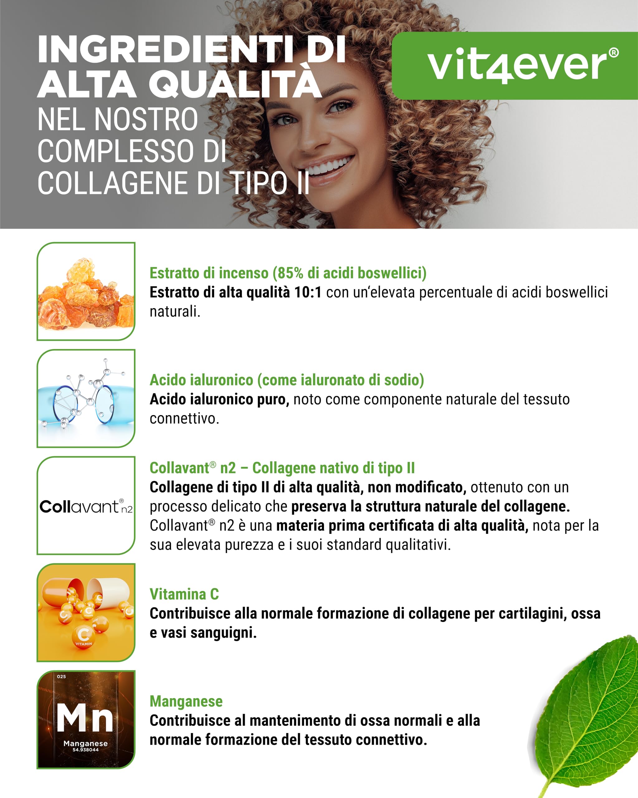 Complesso Collagene di tipo II - con collagene nativo Collavant n2®, estratto di incenso, acido ialuronico, vitamina C, manganese per ossa, cartilagini e articolazioni