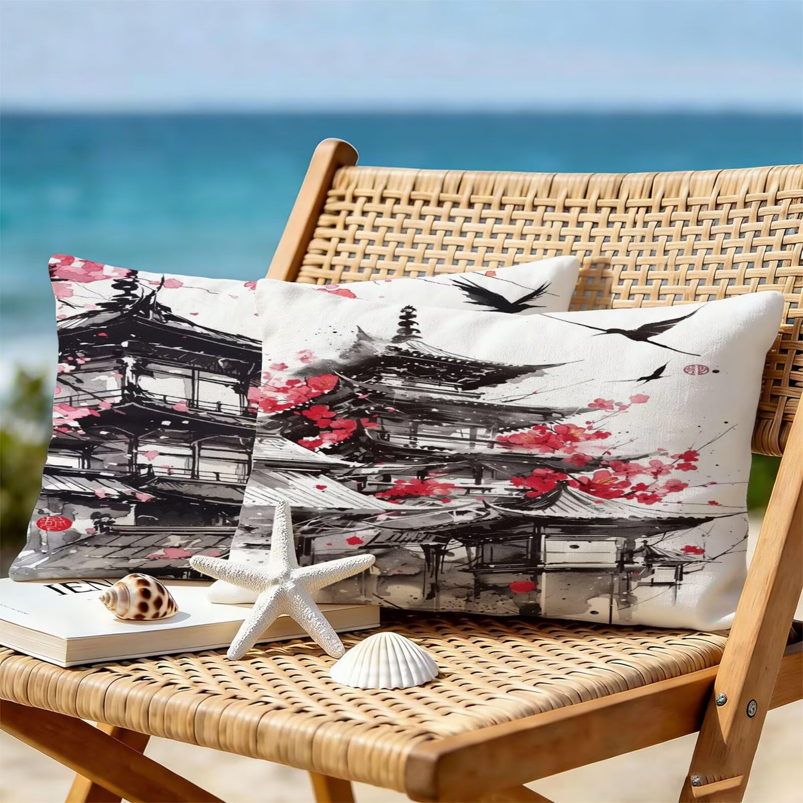 Générique Housse Coussin Exterieur Impermeable 30x50cm Style Japonais Décoratif Taie d'oreiller Decoration Paysage Housse de Coussin Exterieur Impermeable pour Salon de Jardin Lot 2. T-4019