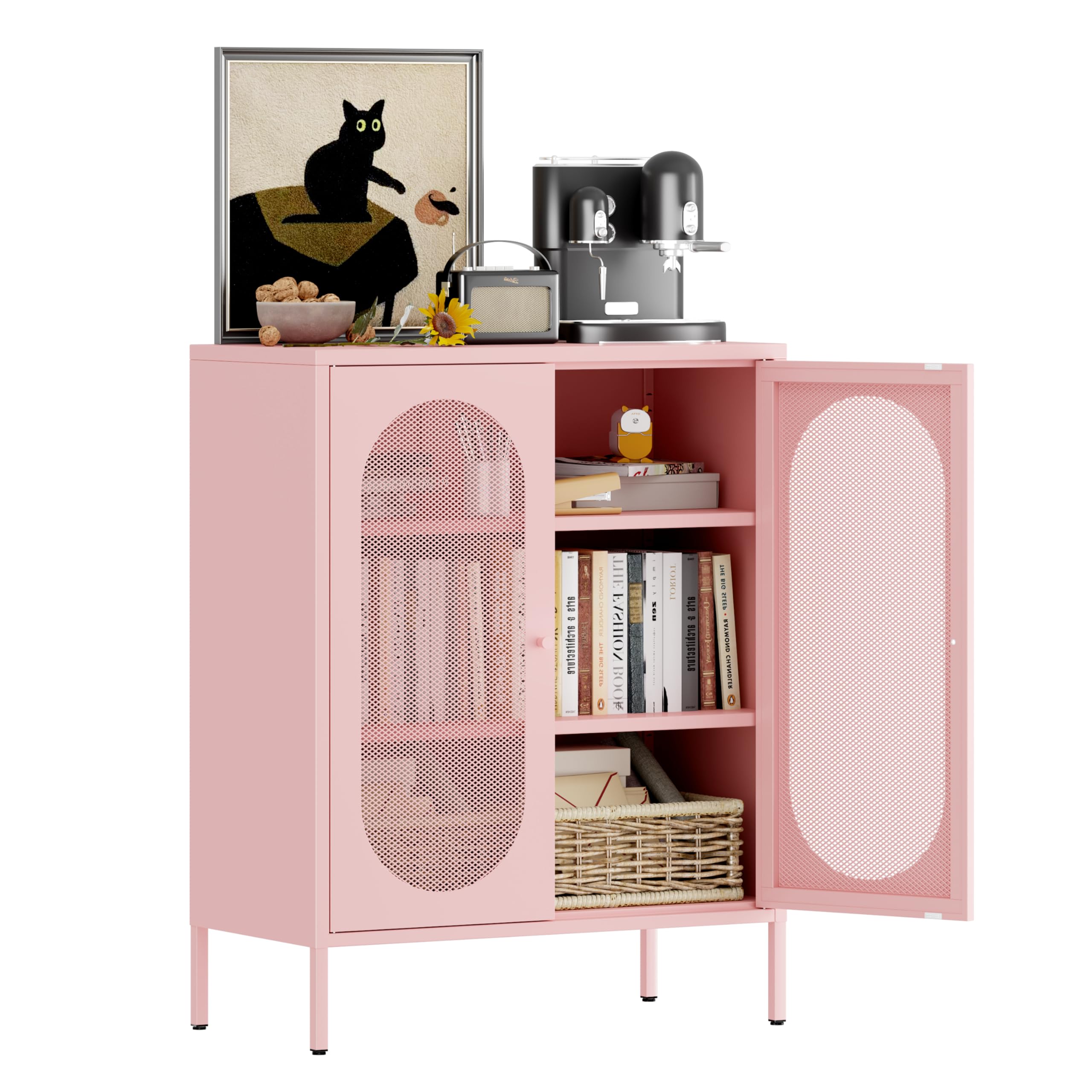 3 Tier Metal Accent Storage Cabinet for Bedroom, Living Room,Bedside, Office,Kitchen,Entryway,Hallway-Sideboard Buffet Cabient with 2 Adjustable Shelves-2 Mesh Door Locker Cabinet(Pink)