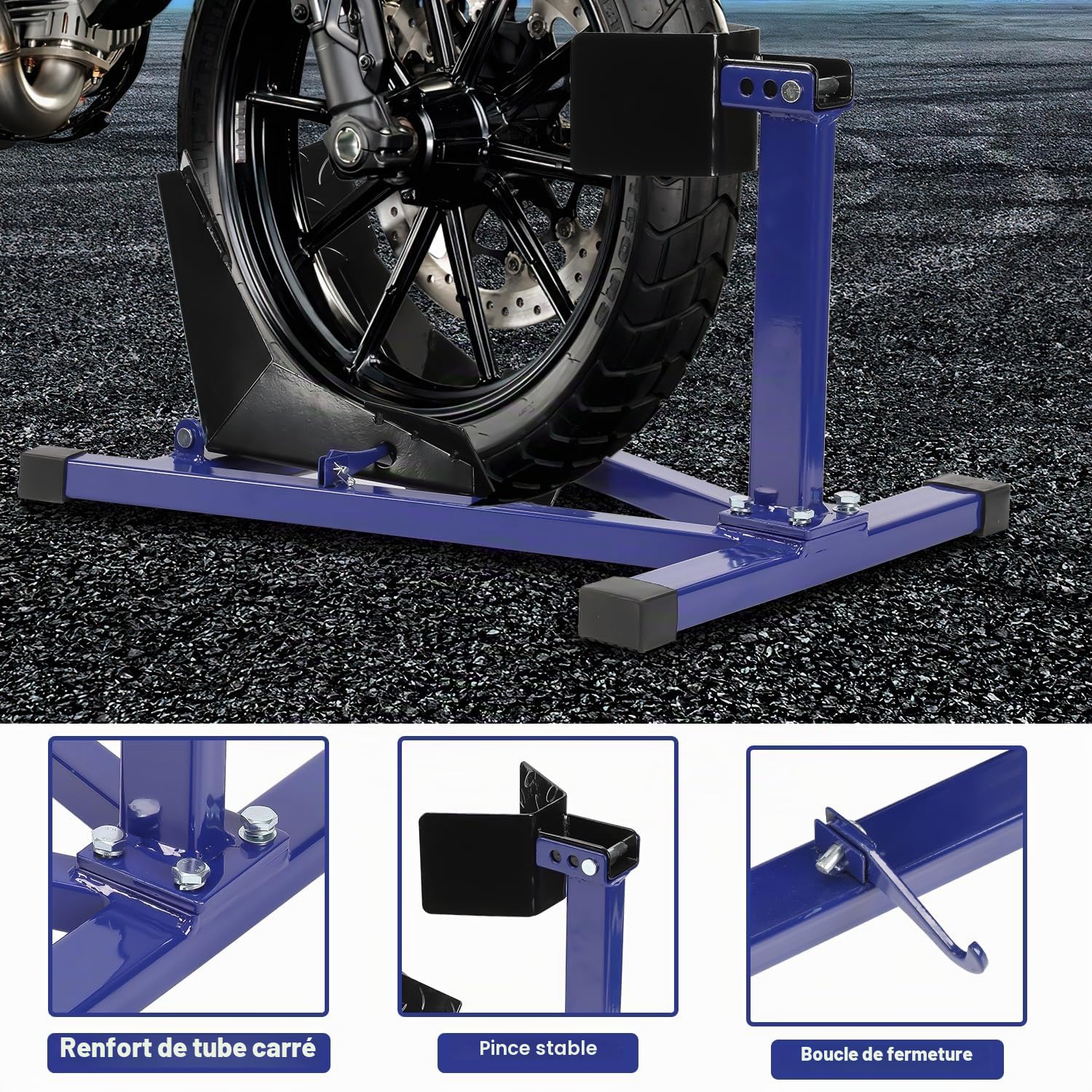 Support de montage, pince de roue avant de moto, support de moto, convient pour pneus de 17 à 21 pouces, rail d'aide au chargement, bleu, 1 pièce