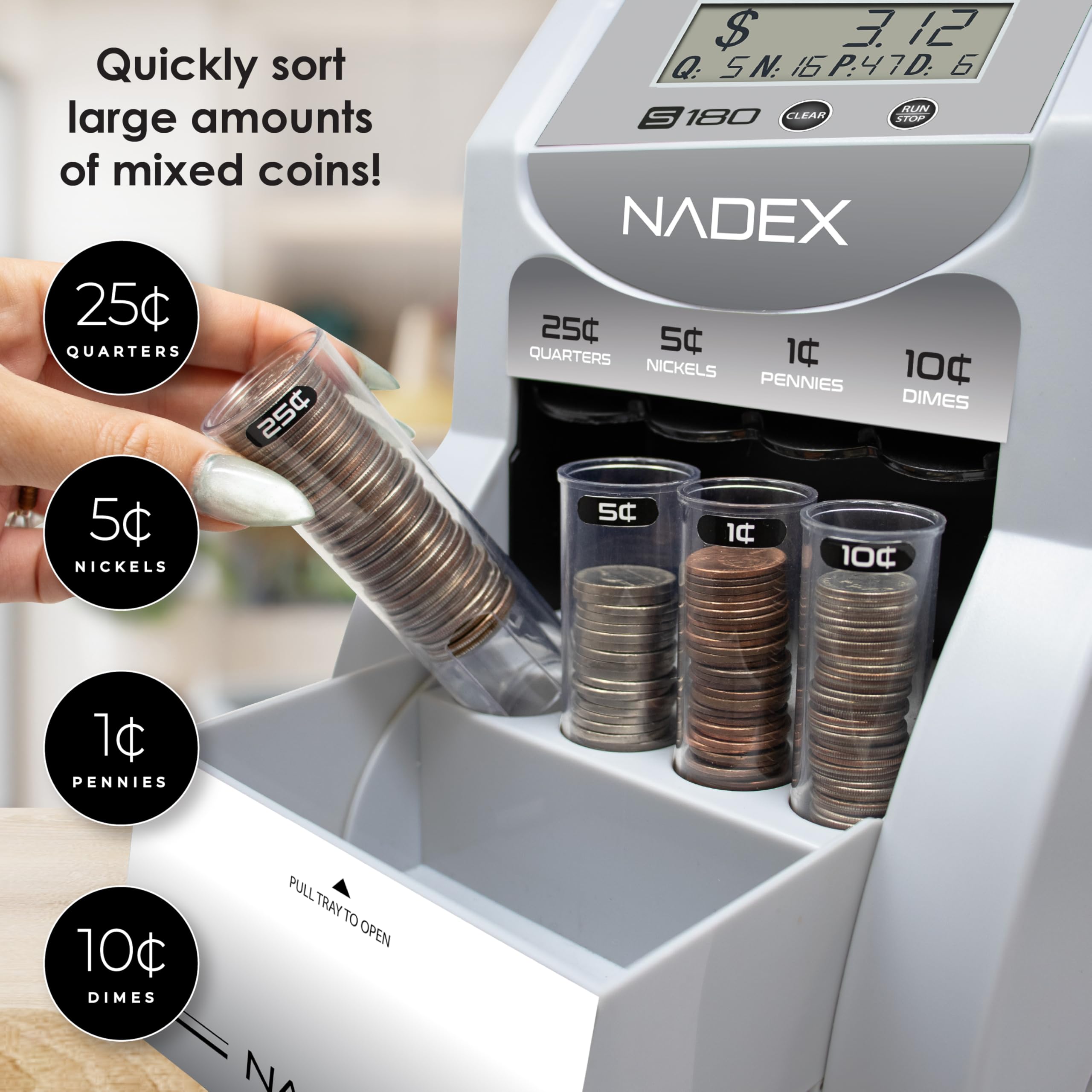 Nadex Clasificador y contador digital de monedas S180 - Muestra valores totales y denominación, color plateado