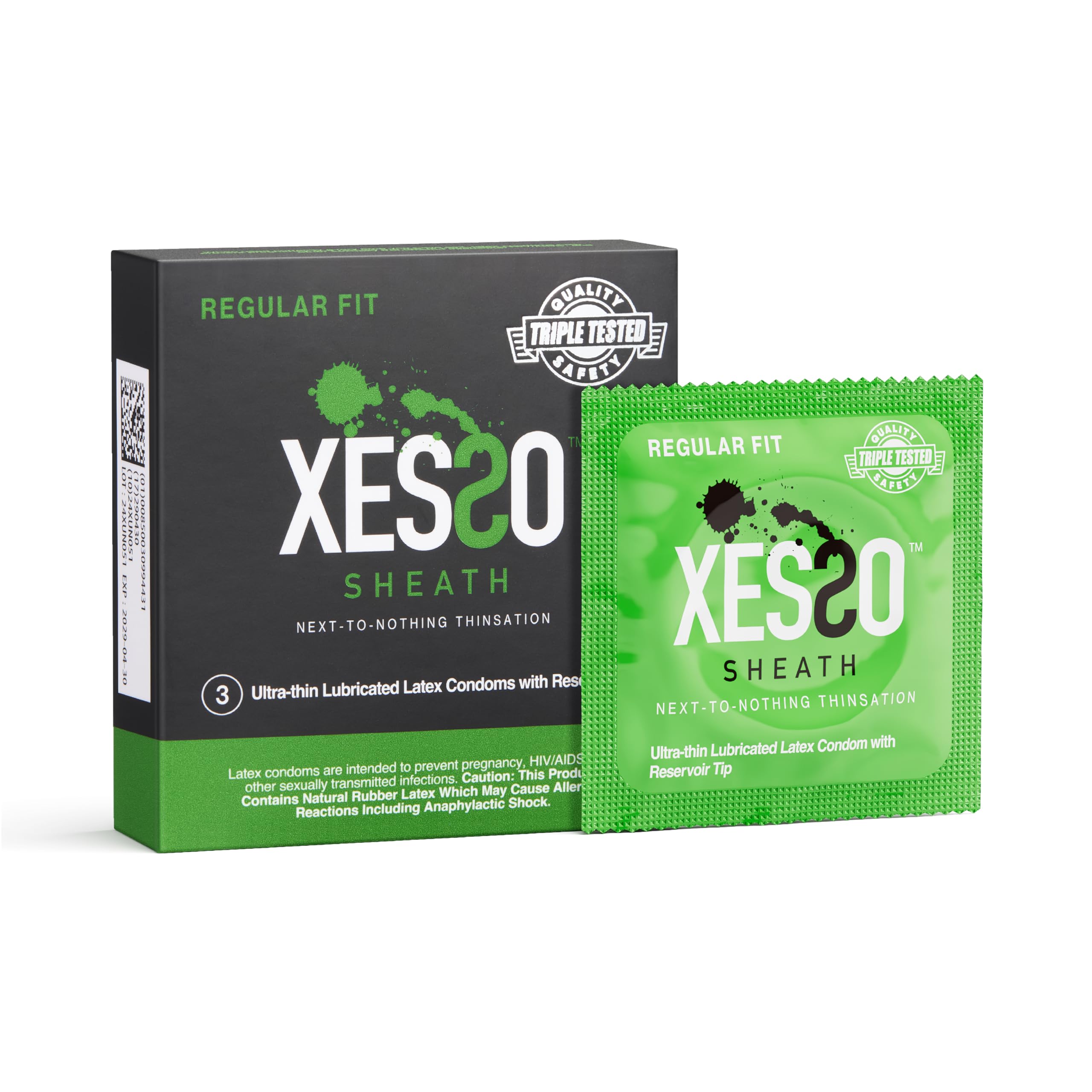 XESSO Sheath Ultra Thin Lubricated Condoms with Reservoir Tip 3-Pack Regular Fit Natural Latex Male Condom with Silicone