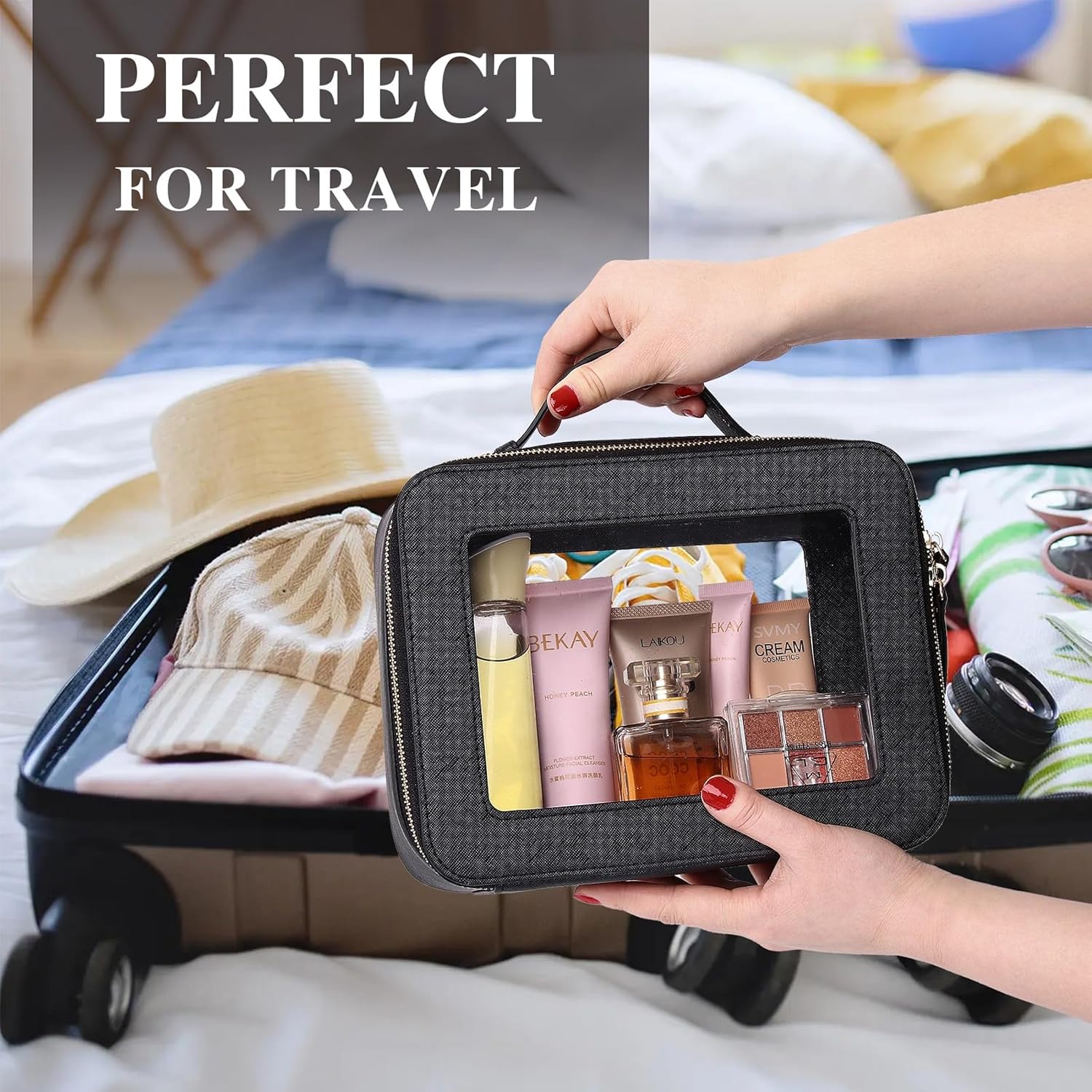 Pinkmik Clear Makeup Bag for Women Waterproof Travel Cosmetics and Toiletries Case Portable Makeup Oaganizer Bag Clear Car Bag with Zipper (Black, M+L) - Image 3