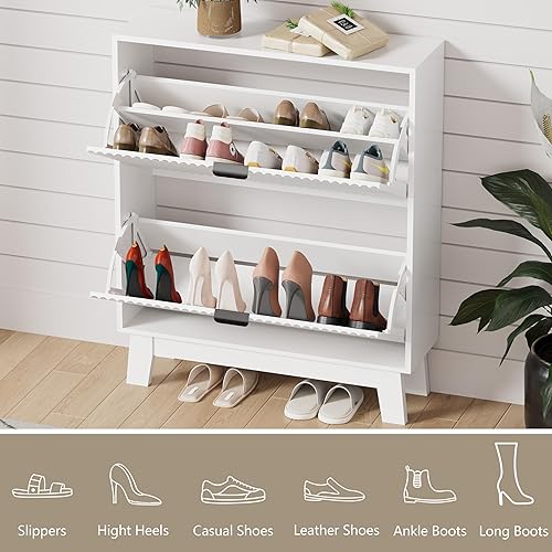 Miniatura 3 de Armario de zapatos para entrada con 2 cajones abatibles, organizador de zapatos estrecho acanalado con patas de madera, almacenamiento delgado