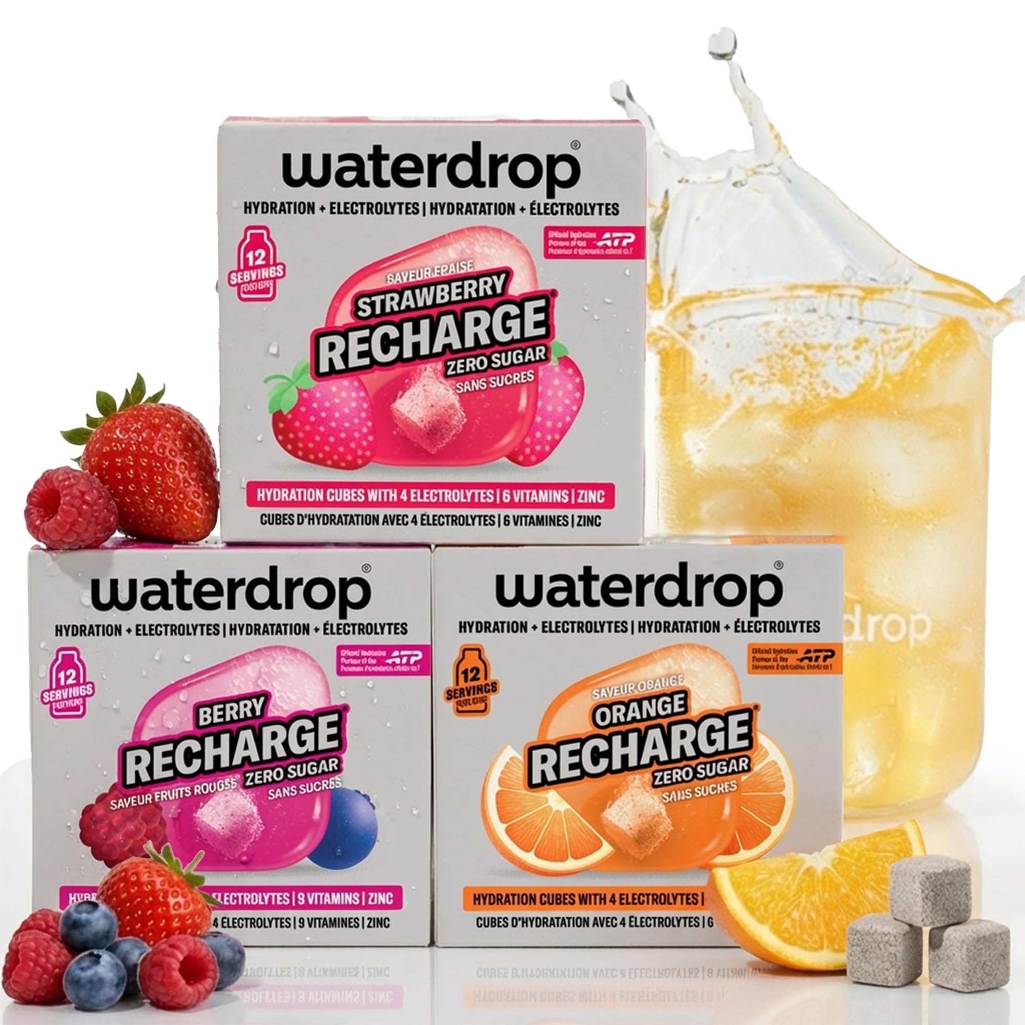 waterdrop® Elektrolyte-Mix – 36 Drops Würfel mit Magnesium, Kalzium, Natrium + Zink – Elektrolyte ohne Zucker für Sport – Hydration & Geschmack für Wasser in Orange, Erdbeere & Berry - vegan