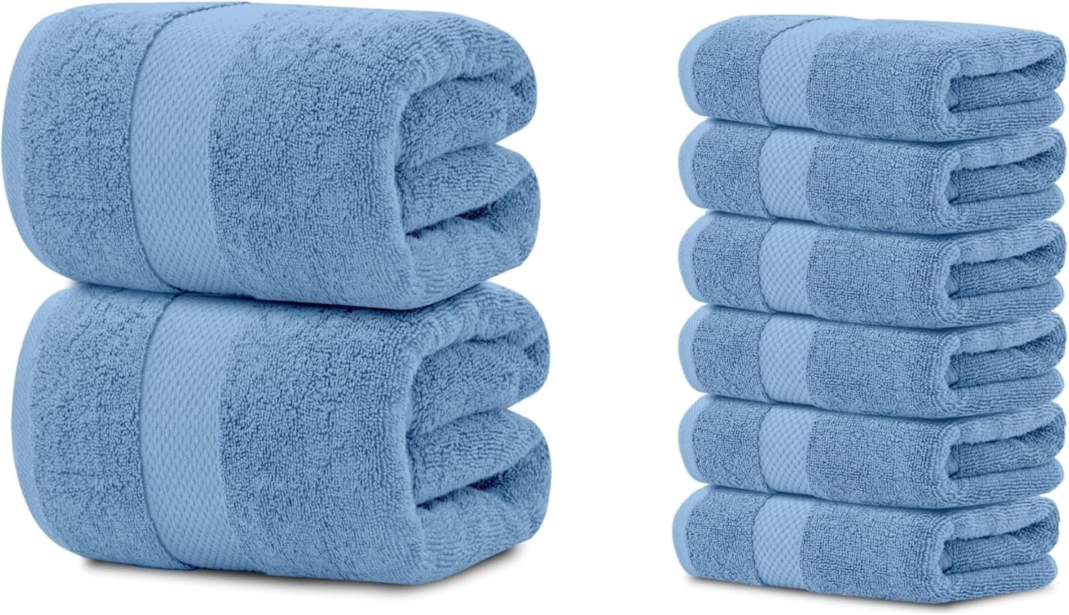 White Classic 2 Light Blue Bath Sheet Towels 35 x 70 and 6 Hand Towels 16 x 30 | Cotton, Highly Absorbent and Quick Dry for Hotels, Spa and Bathroom