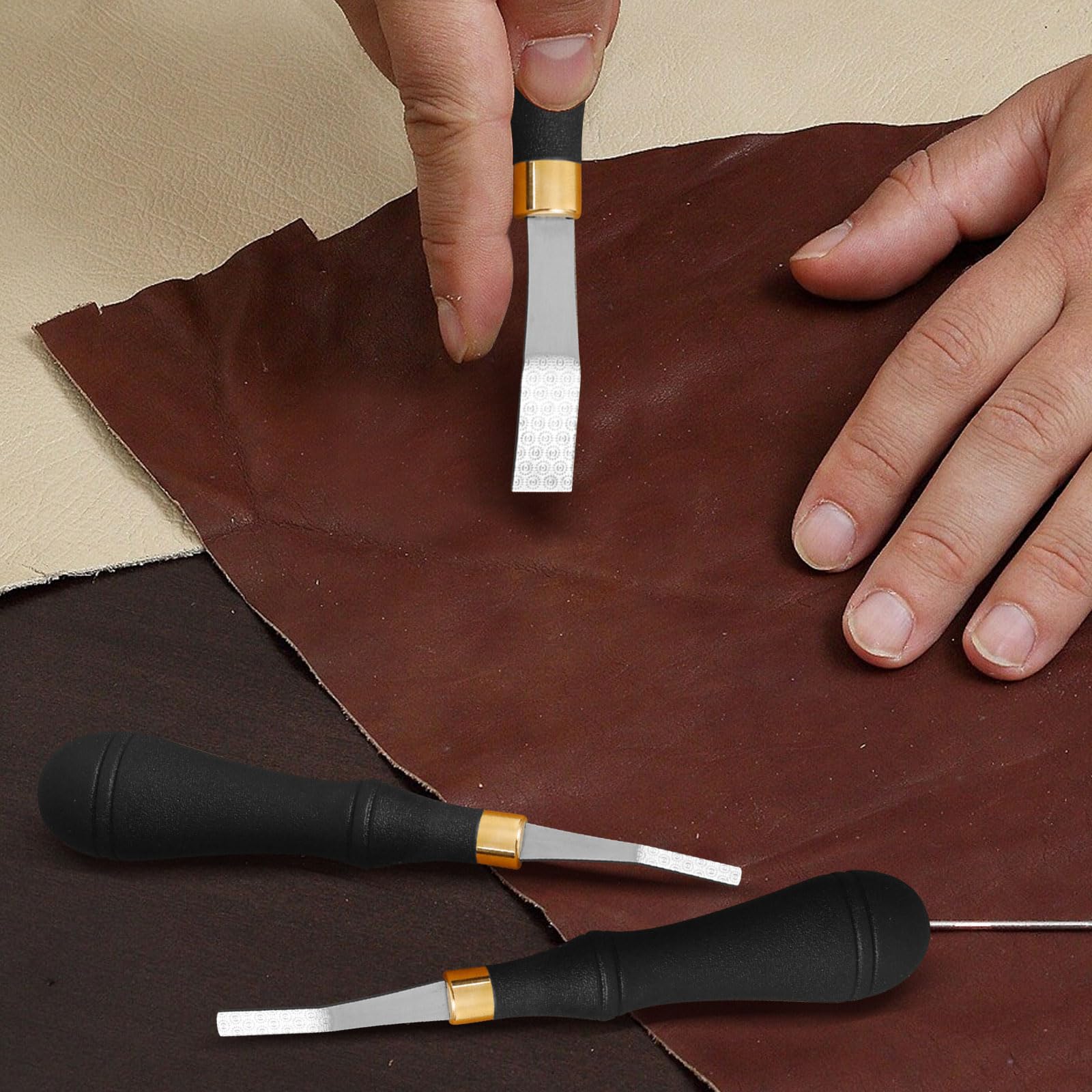 Lot De 3 Outils De Dégrossissage Du Cuir, 4 Mm, 5 Mm, 8 Mm, Outil Biseauté Pour Cuir, Détails En Cuir, Large Bouche, Outil De Polissage Du Cuir Avec Poignée En Bois