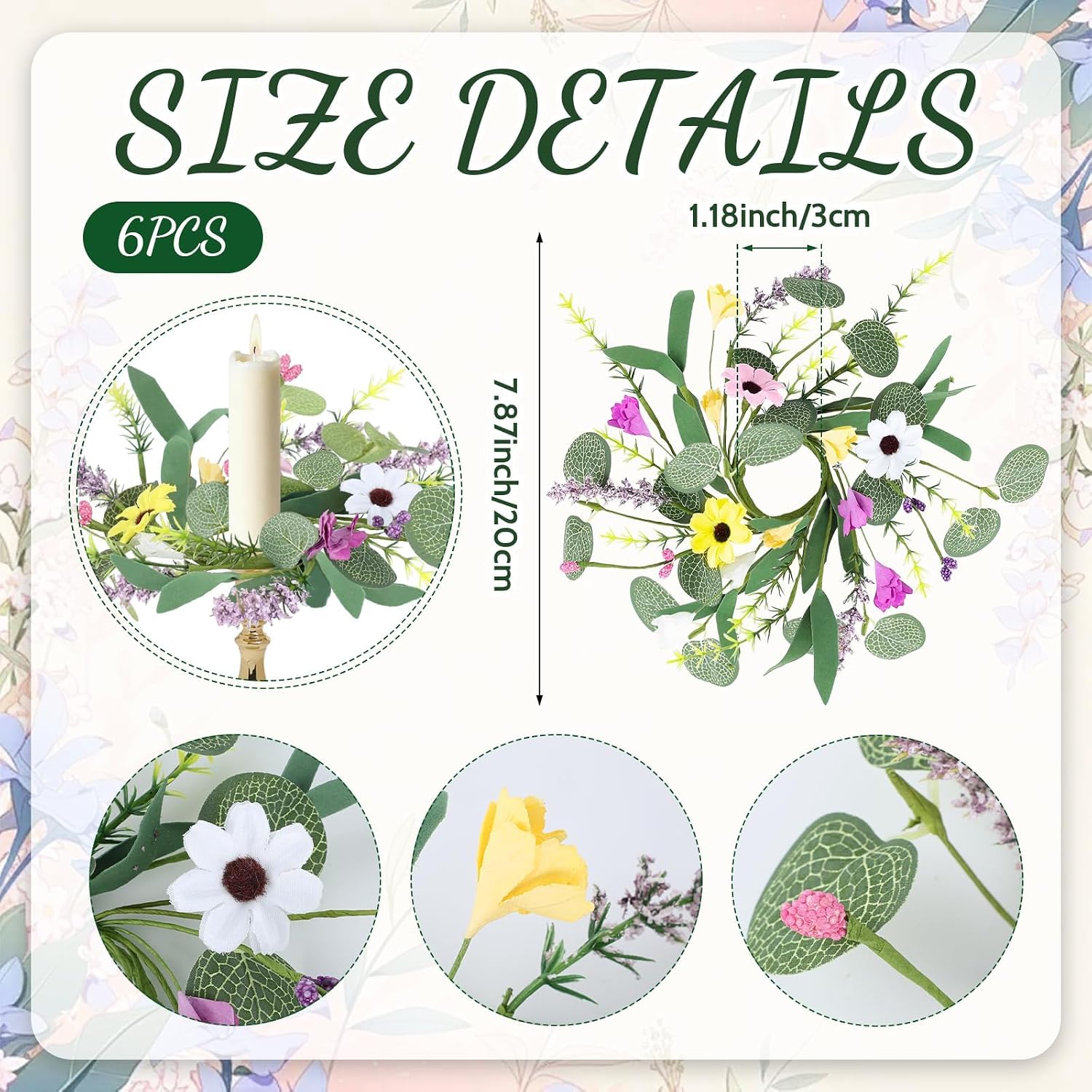 6 PCS Spring Flowers Taper Candle Rings Wreaths 1.38" Mini Spring Summer Floral Taper Candle Holder Wreaths Colorful Artificial Wildflowers Table Centerpieces Wreath for Church Home Wedding Decor