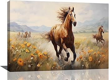 Amazon.co.jp: 西洋の馬の絵画 大型ウォールアート 馬 花の絵 壁装飾