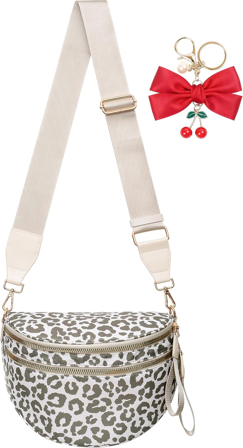 Leopard Crossbody Bag for Women | Spacious Bum Bags | Nylon Crossbody Fanny Packs | Leopard Purse Belt Wallet (Colour Bum Bag-Khaki and White)