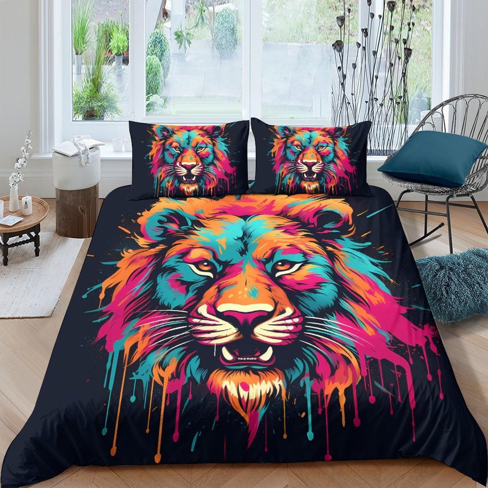 Ctjqhvkz Style-6 3D Printed Vibrant Lion Fitted Sheet Microfiber Soft Breathable Wild Colorful Bed Cover For Bedroom Dorm Decor Single（135X200cm）