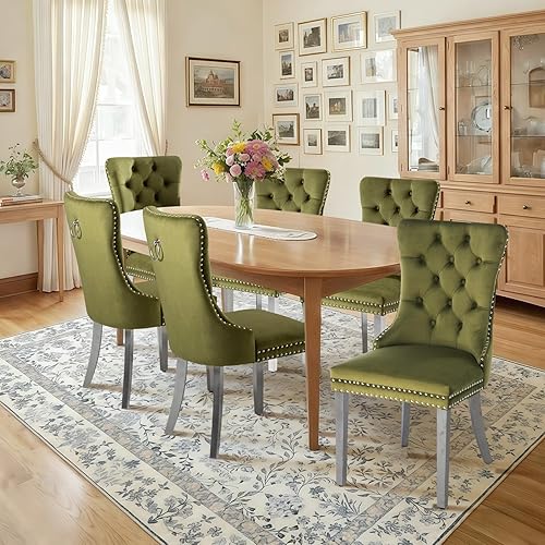 Miniatura 87 de Juego de 6 sillas de comedor de cuero, sillas laterales con respaldo alto, silla lateral tapizada moderna con anillo trasero de botón, patas de negro