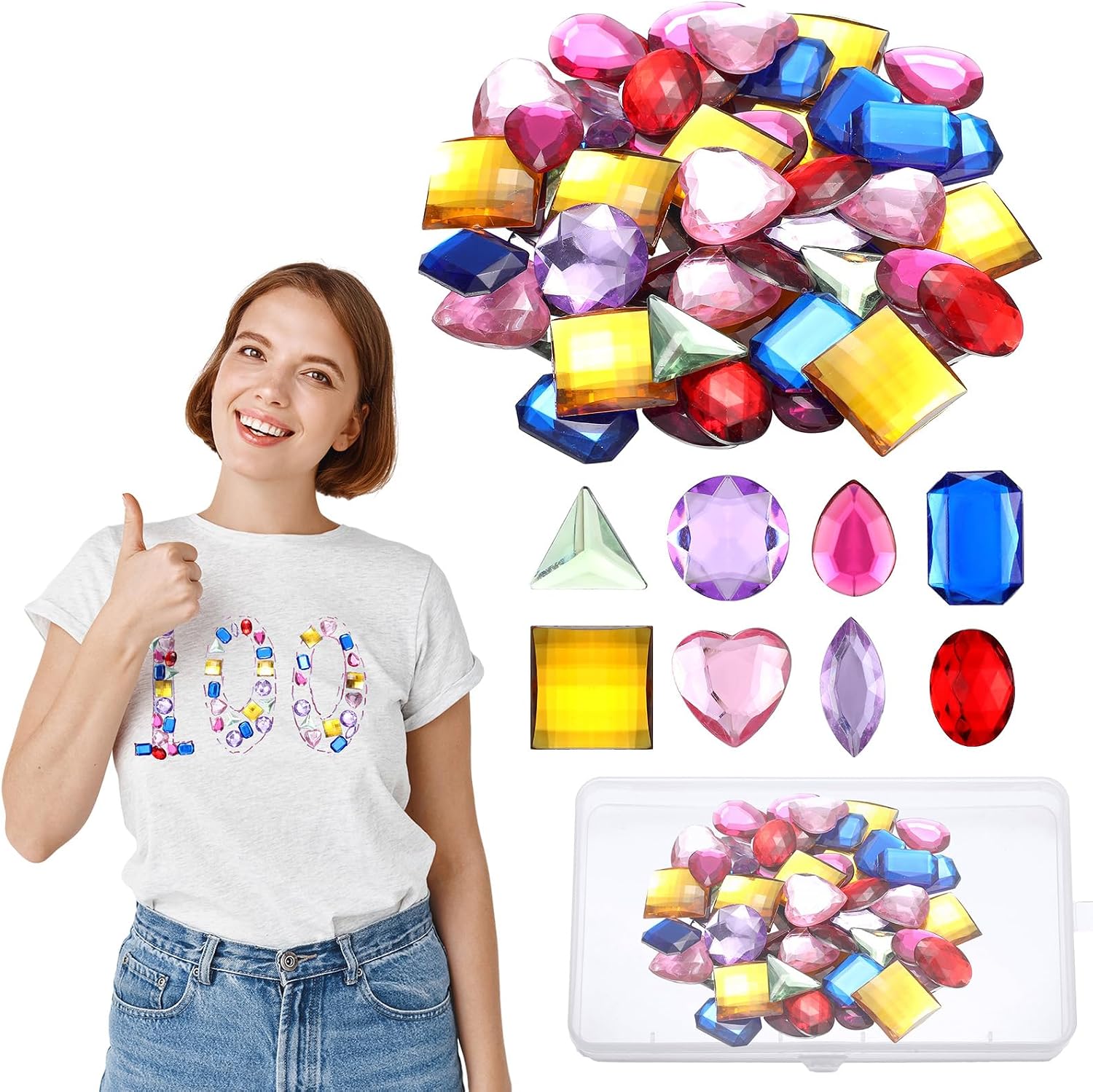 Quelay 120 Pcs 100 Days of School Gems Stickers for Crafts Self Adhesive Bling Jewels Crystal Gem Stickers Assorted Shapes Colors Rhinestone Crafts with Box for 100th Day of School Shirt Decoration