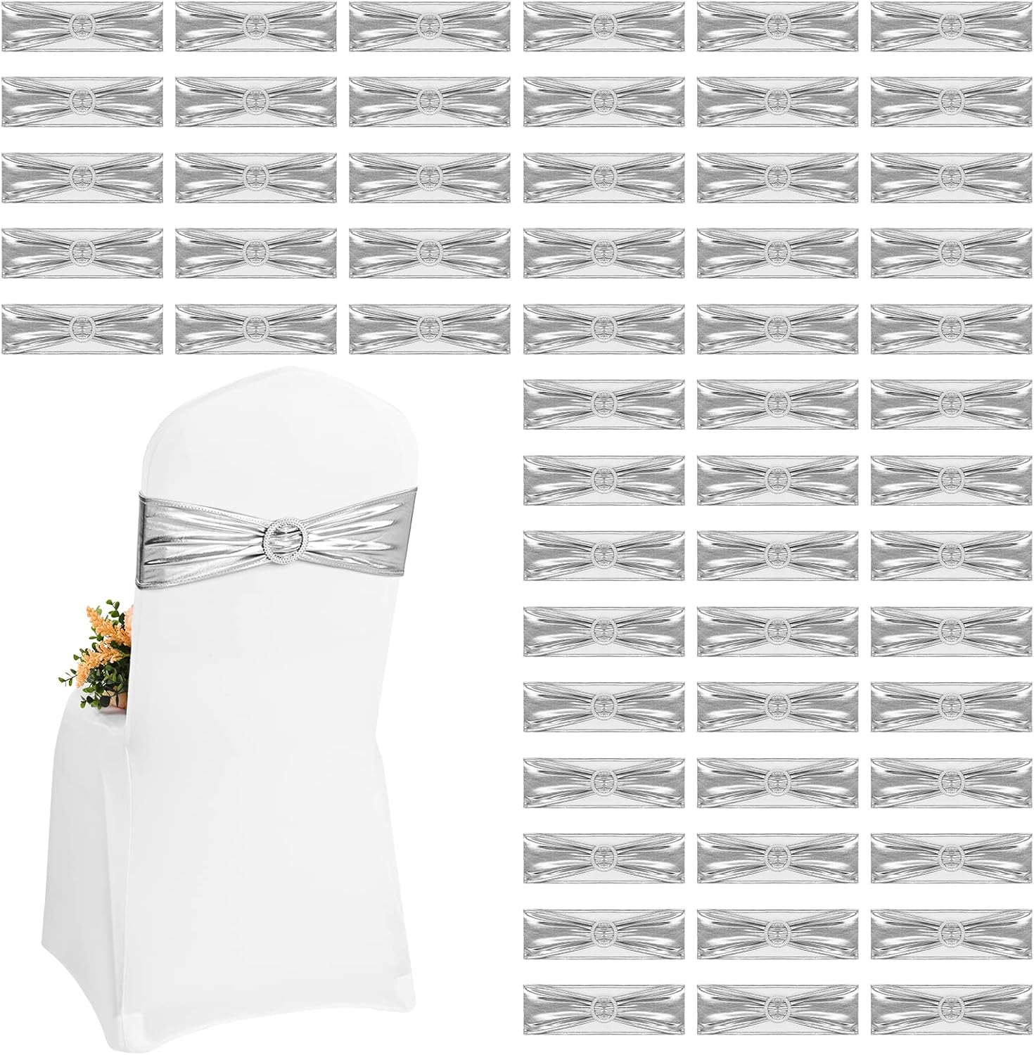 Lykoow Spandex Chair Sashes Bows 60 Pcs Silver Stretch