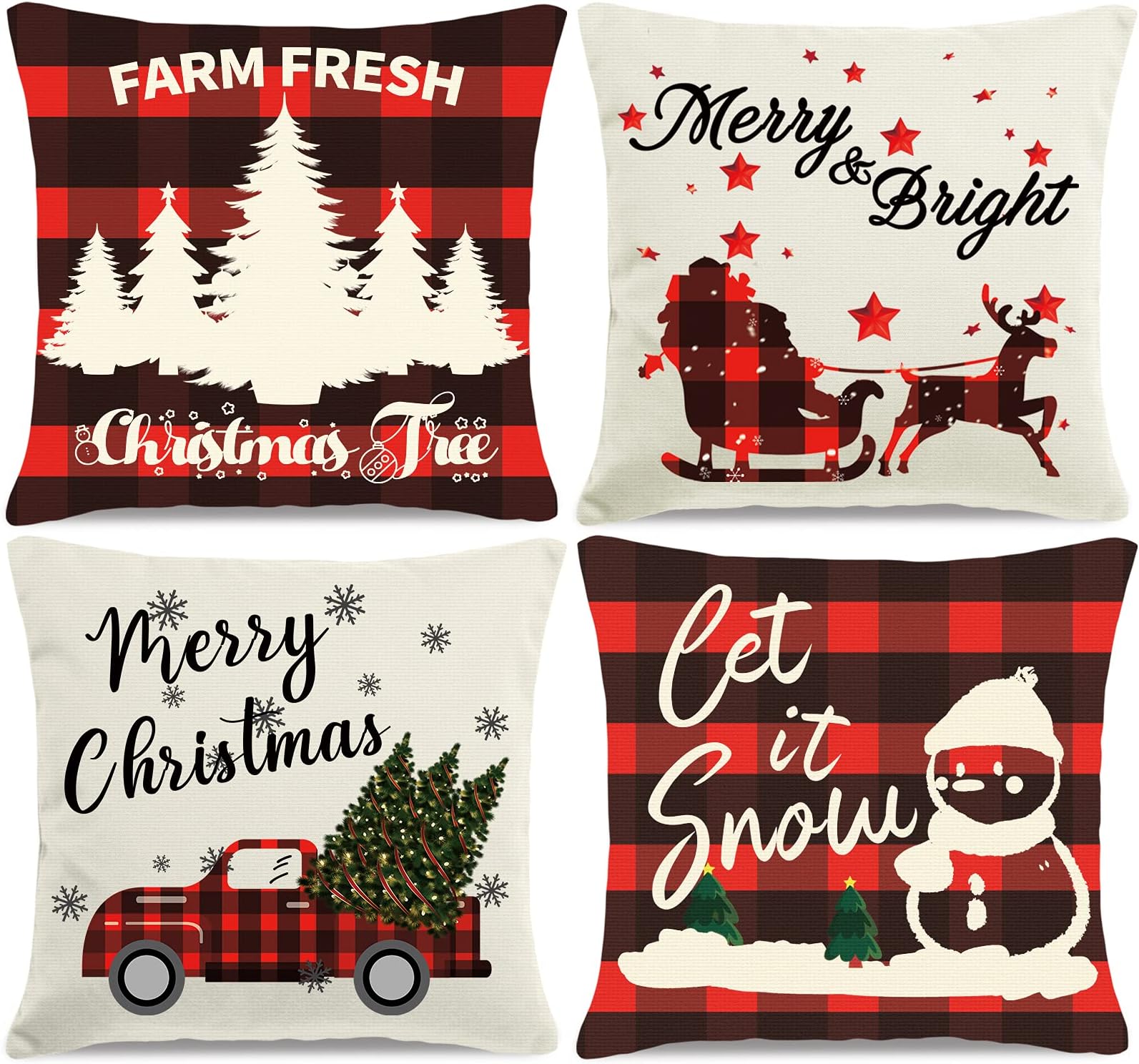 HAJACK Christmas Pillow Covers, Christmas Decorations Throw Pillow Covers, 18x18 Inches Set of 4 Throw Pillow Cases with Holiday Decor, Buffalo Plaid Couch Pillow Case Christmas Winter Decorations