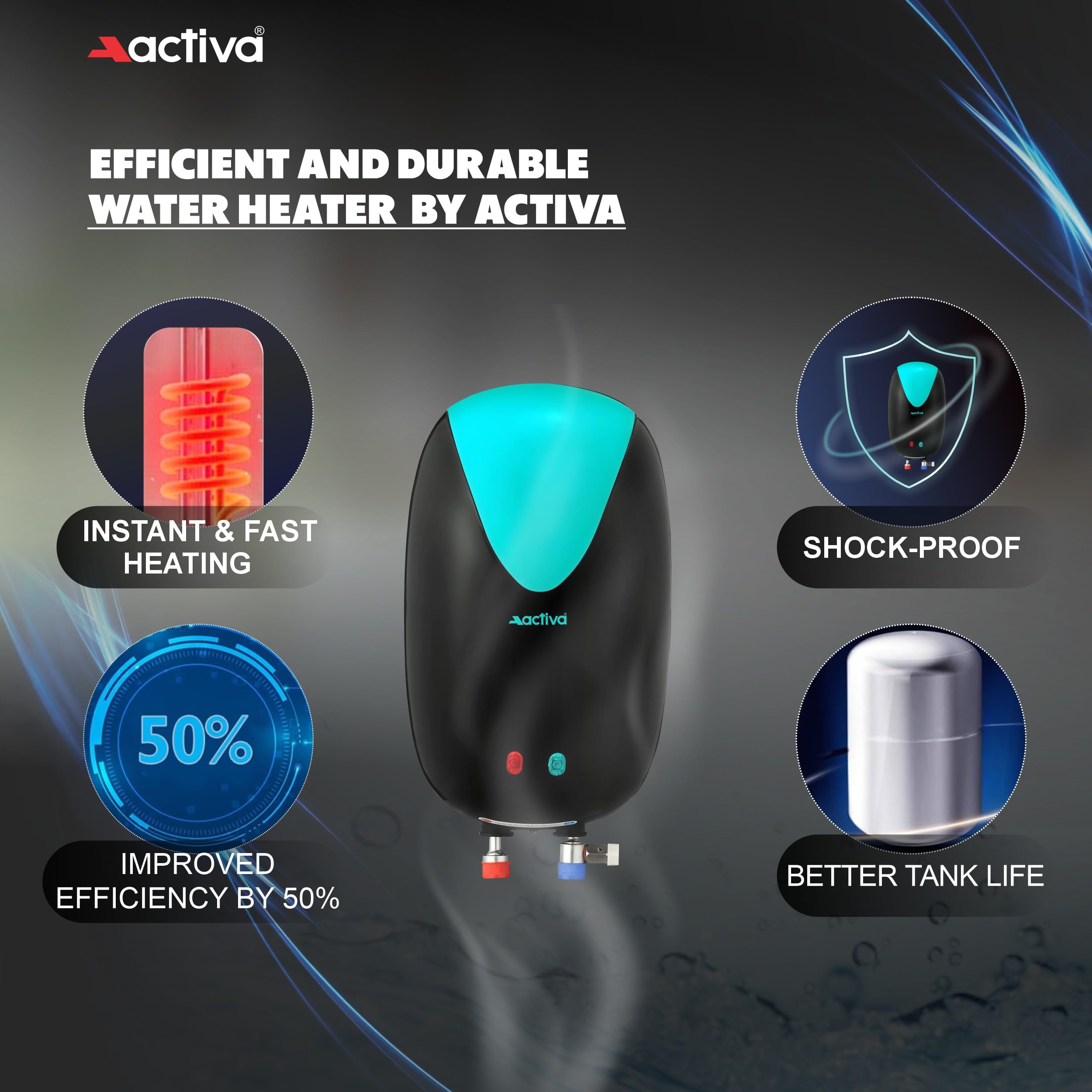 ACTIVA 3L Instant Water Heater Geyser 3kW ISI Copper Element 304L SS Tank Anti Rust Coating Auto Cut Off ABS Body BEE 5 Star Fast Heating Compact Bathroom Kitchen Use 5 Year Warranty Green Black 2