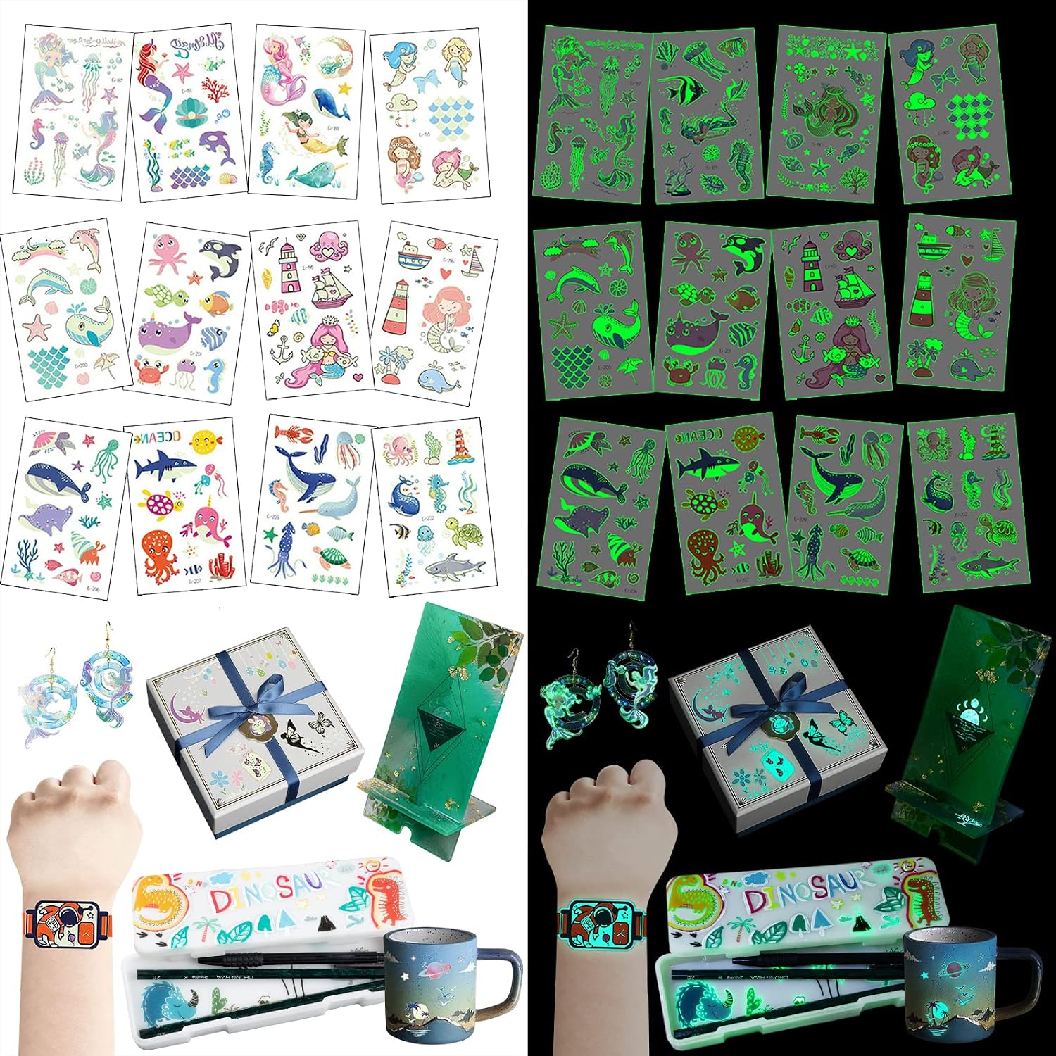 Mermaid with Dolphins for Temporary Tattoos Ocean Animals Luminous Resin Stickers Glow in the Dark Fillers Craft