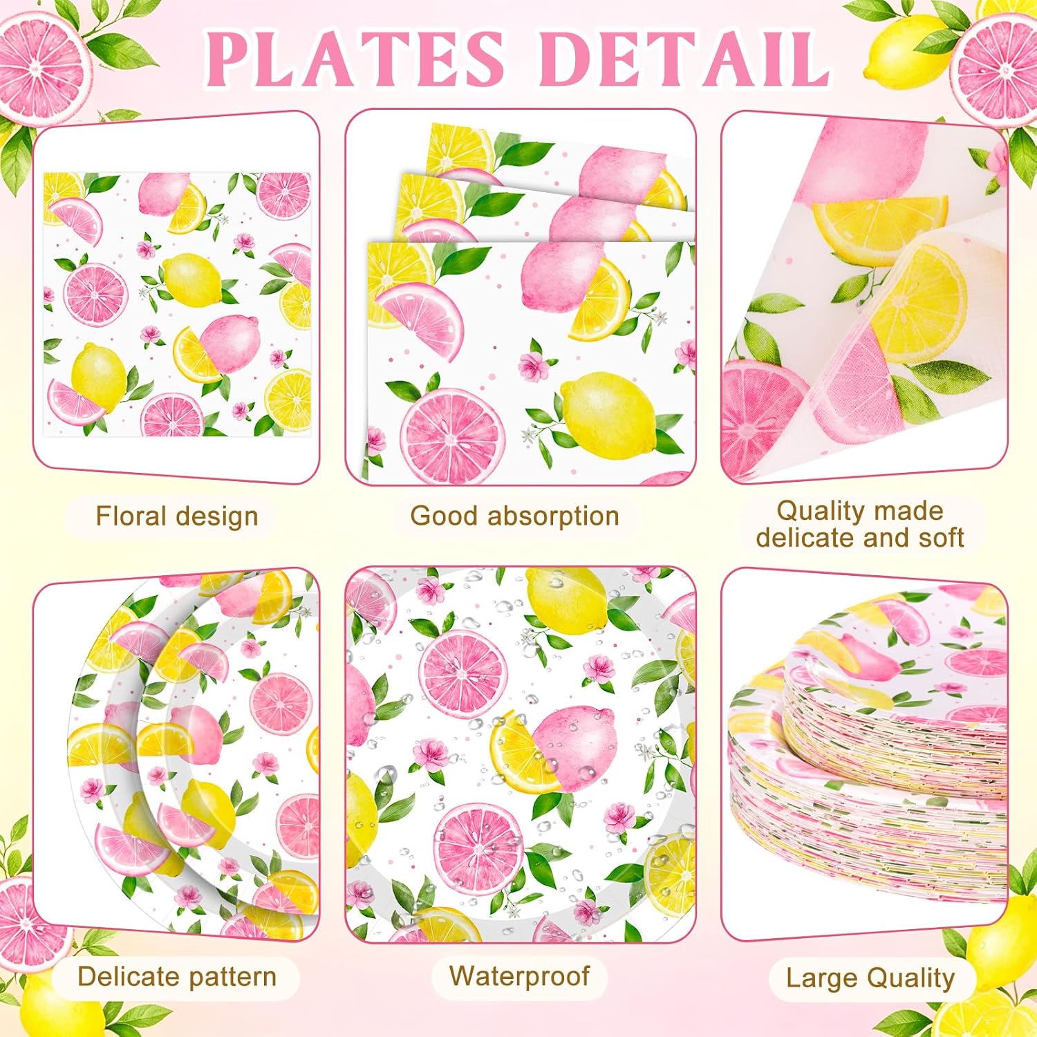 Funnymoom 400 Pcs Pink Lemon Party Supplies for 50 Guests Summer Pink Lemon Birthday Paper Plates and Napkins Knives Spoon Fork Cup Set Cutlery for Lemonade Theme Birthday Summer Bridal Shower image 2