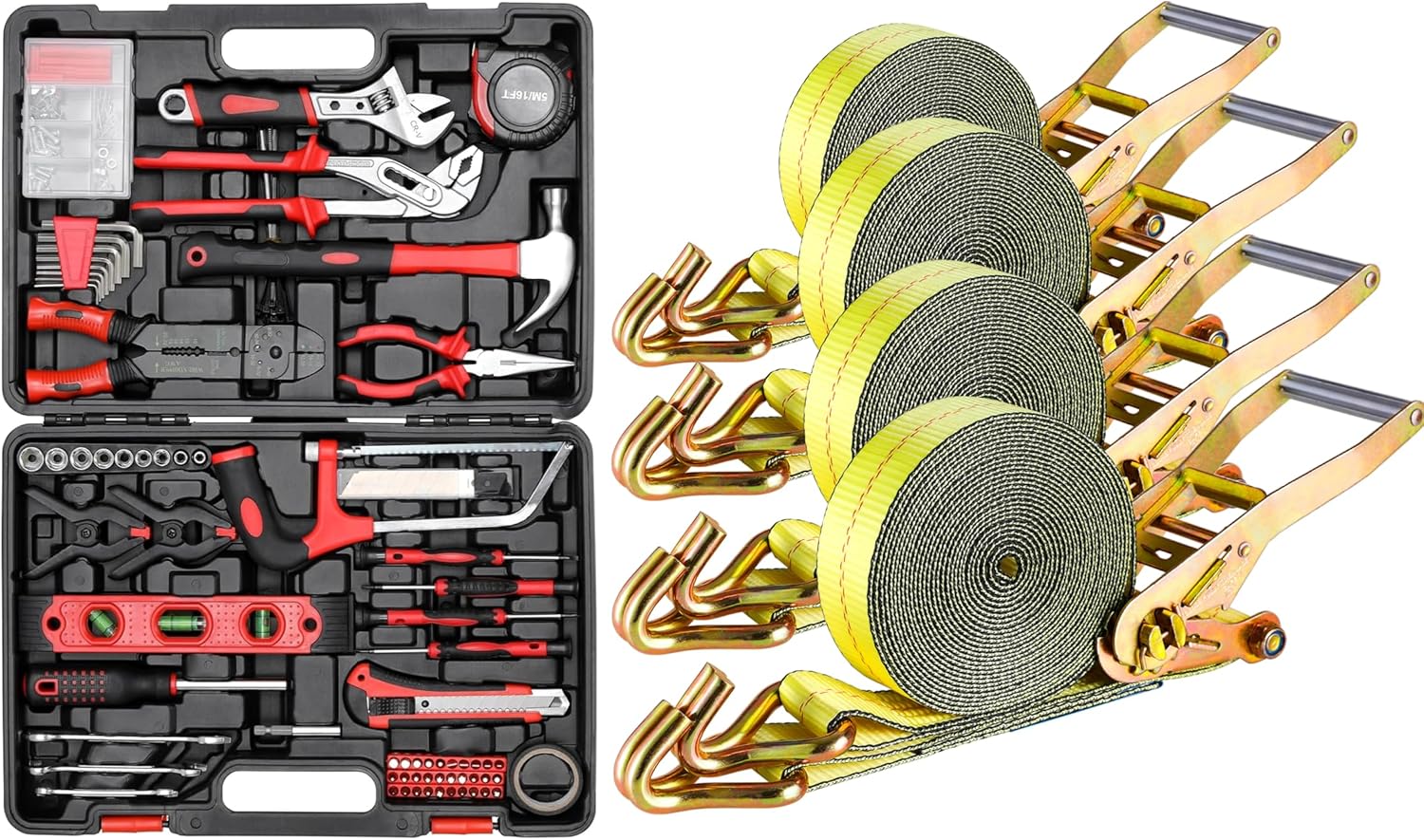 TLGREEN 218 Piece Tool Kit + 4 Pcs Double J Hook Ratchet Straps Yellow