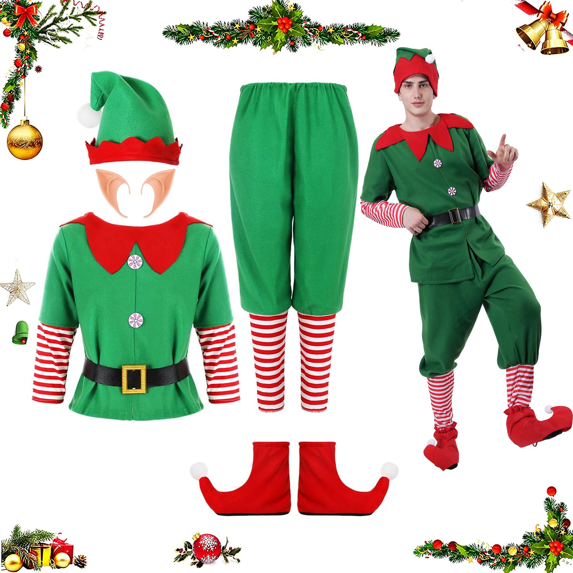 Carnavalife Disfraz Elfo Mujer Hombre Navidad Disfraz Elfo Niña Niño Disfraz Duende Navidad, Disfraz Navideño, Disfraz Navidad Adulto y Niños, Traje Ayudante Papanoel