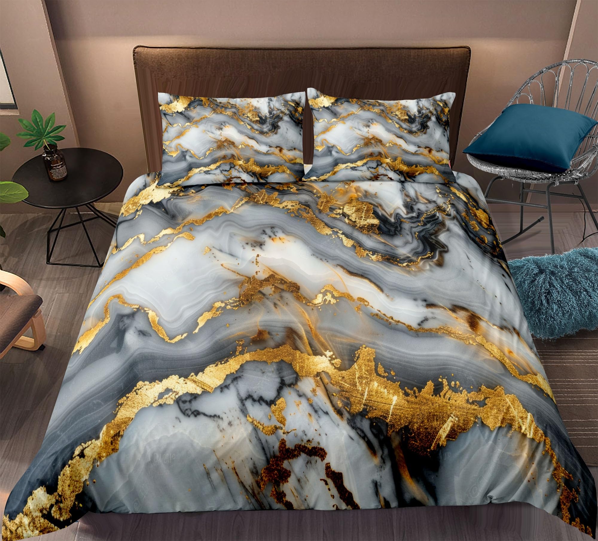 Housse de couette marbre 260x240 cm en microfibre douce avec motif abstrait gris et blanc